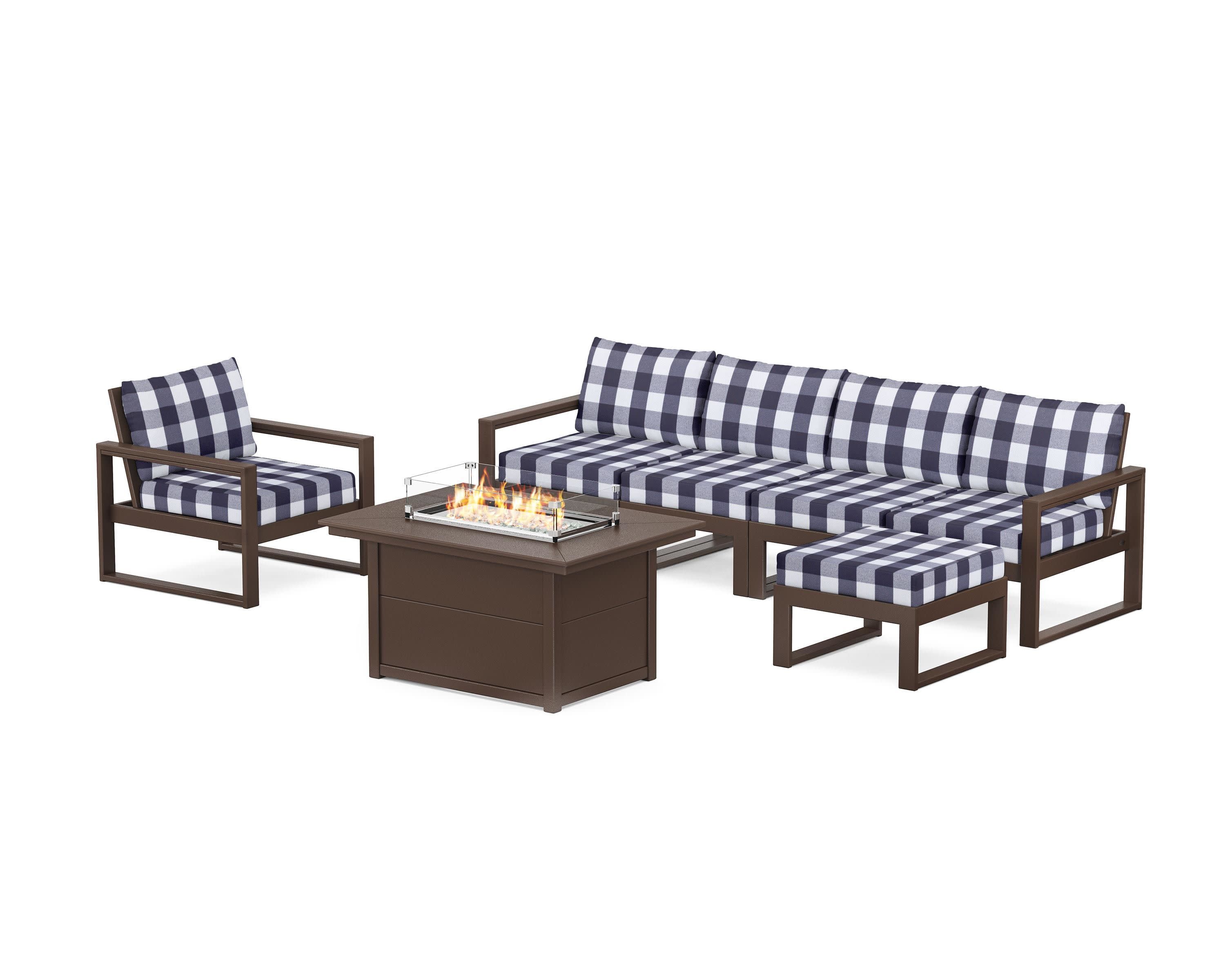 EDGE Sectional Lounge and Fire Pit Set in Mahogany / Buffalo Plaid Navy