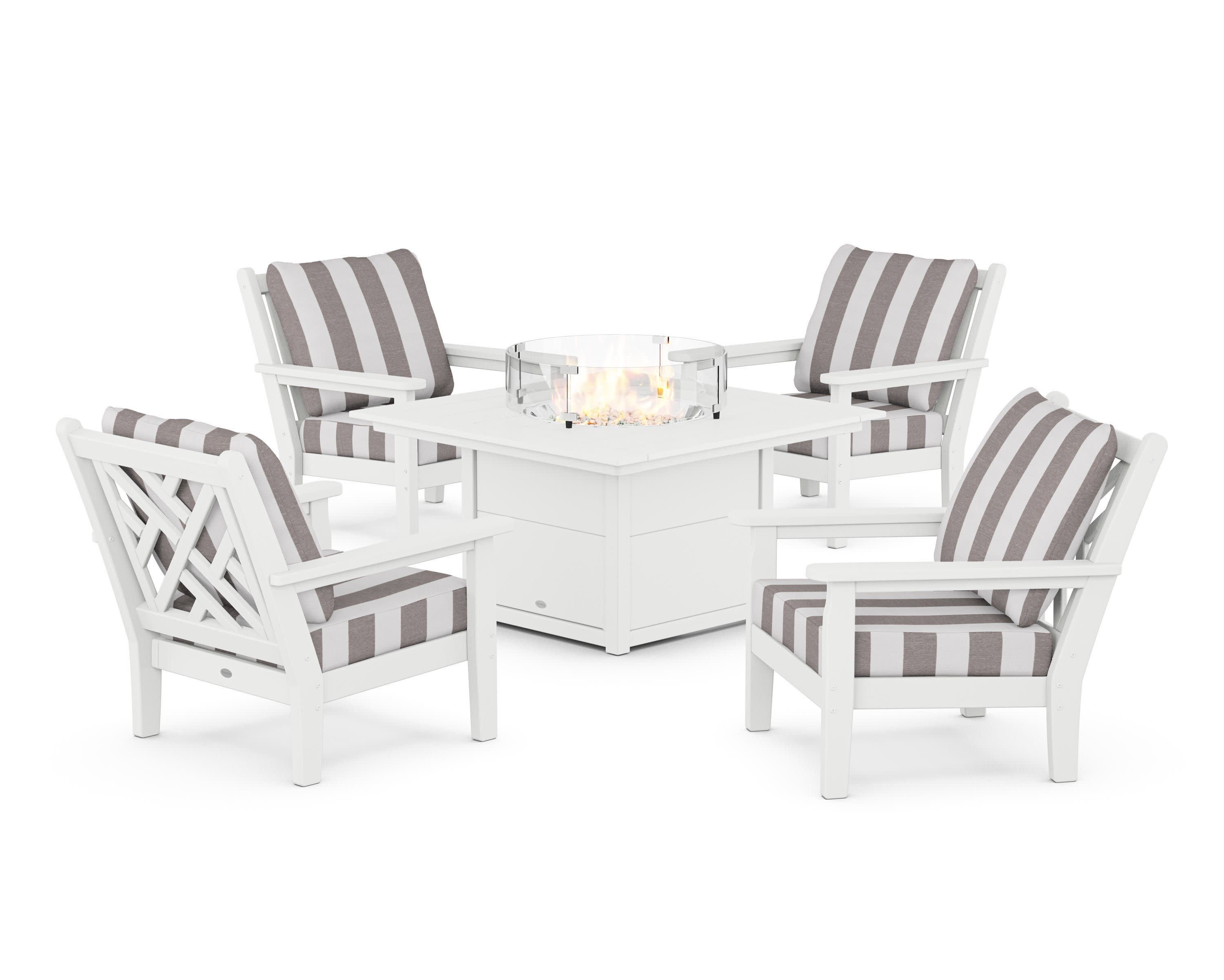 Chippendale 5-Piece Deep Seating Set with Fire Pit Table in White / Cabana Stripe Grey Mist