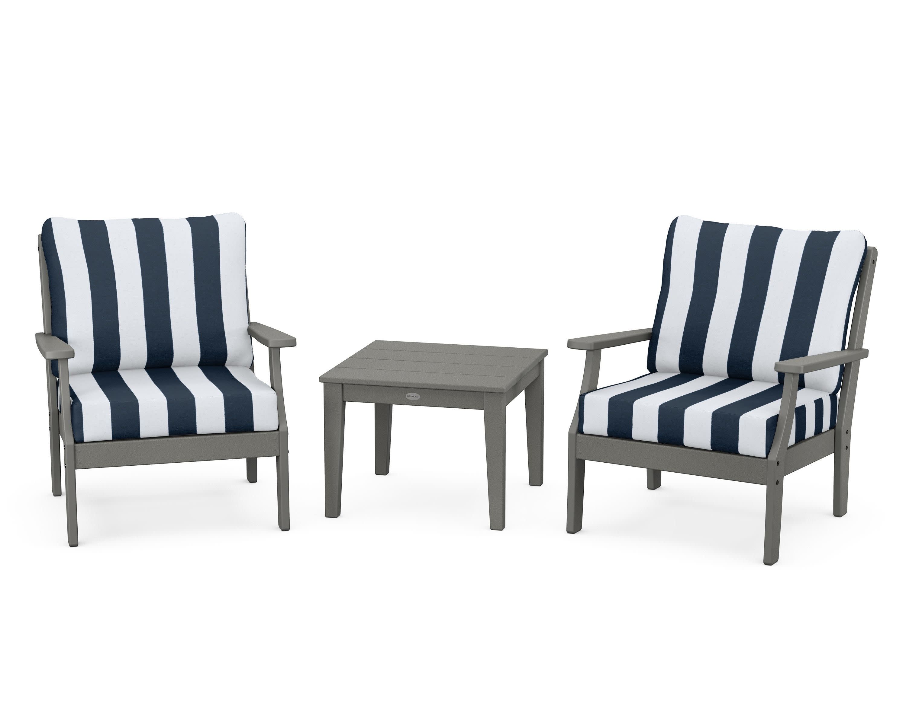 Braxton 3-Piece Deep Seating Set in Slate Grey / Cabana Stripe Marine Indigo
