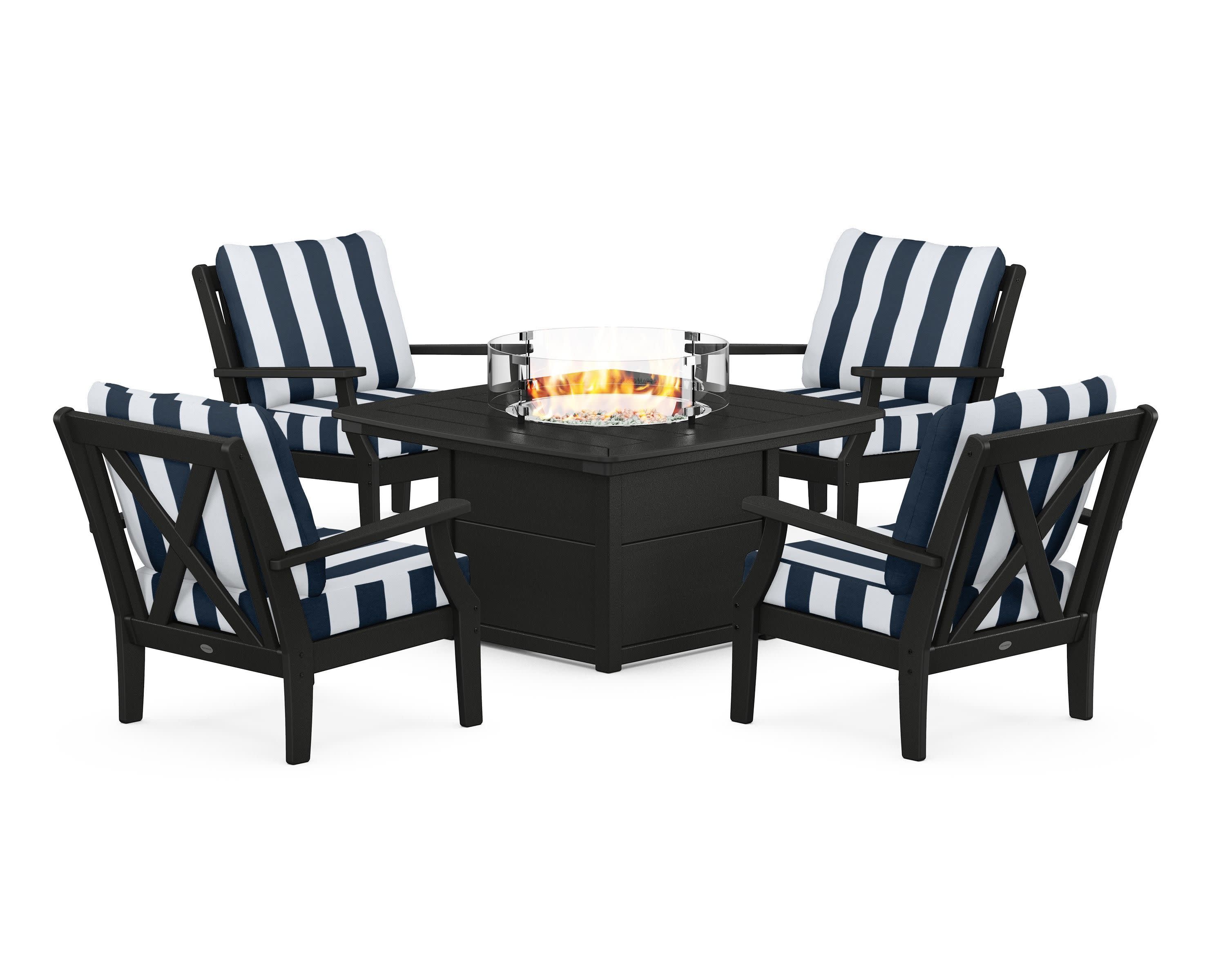 Braxton 5-Piece Deep Seating Conversation Set with Fire Pit Table in Black / Cabana Stripe Marine Indigo