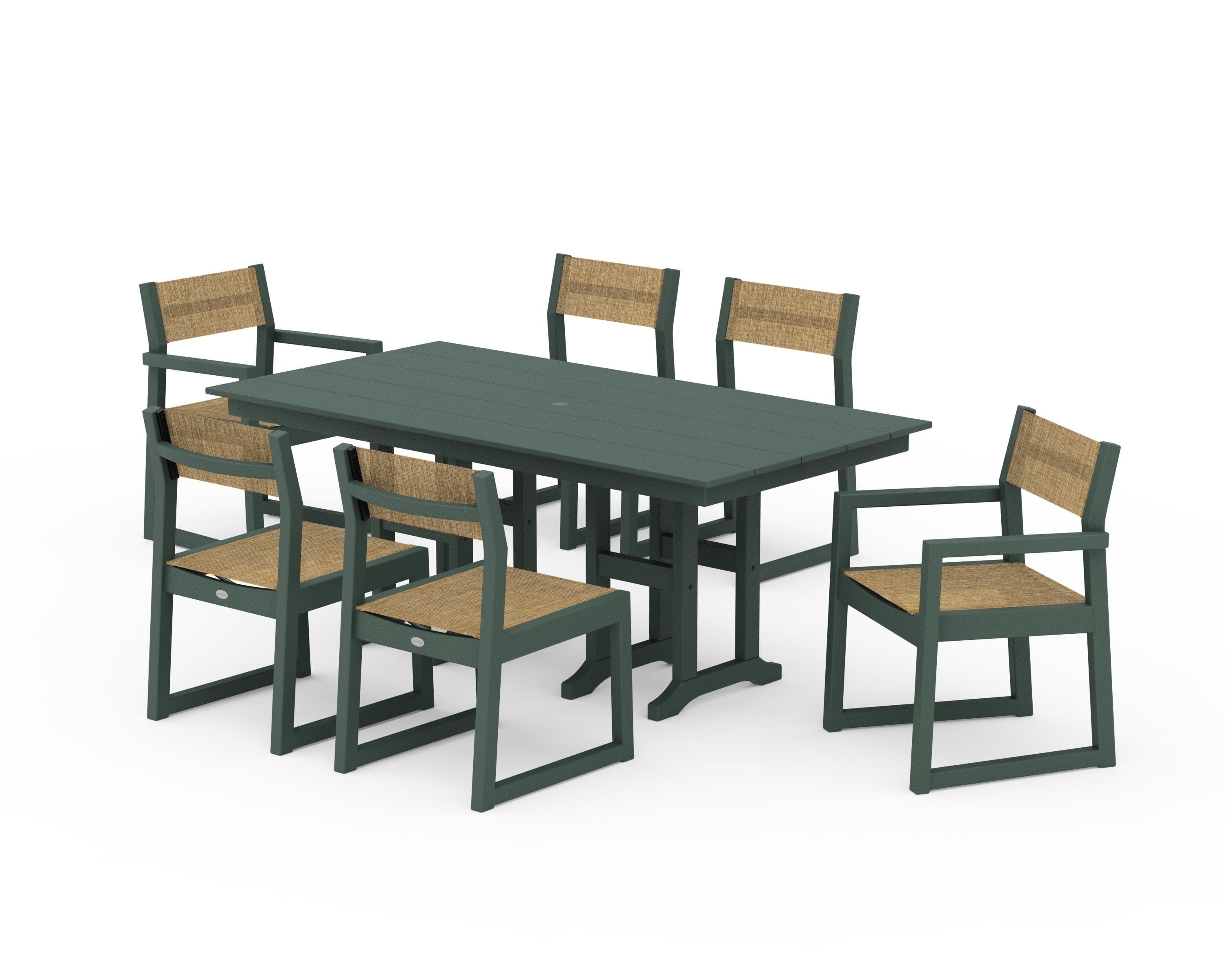 EDGE Sling 7-Piece Farmhouse Dining Set in Green / Burlap Sling