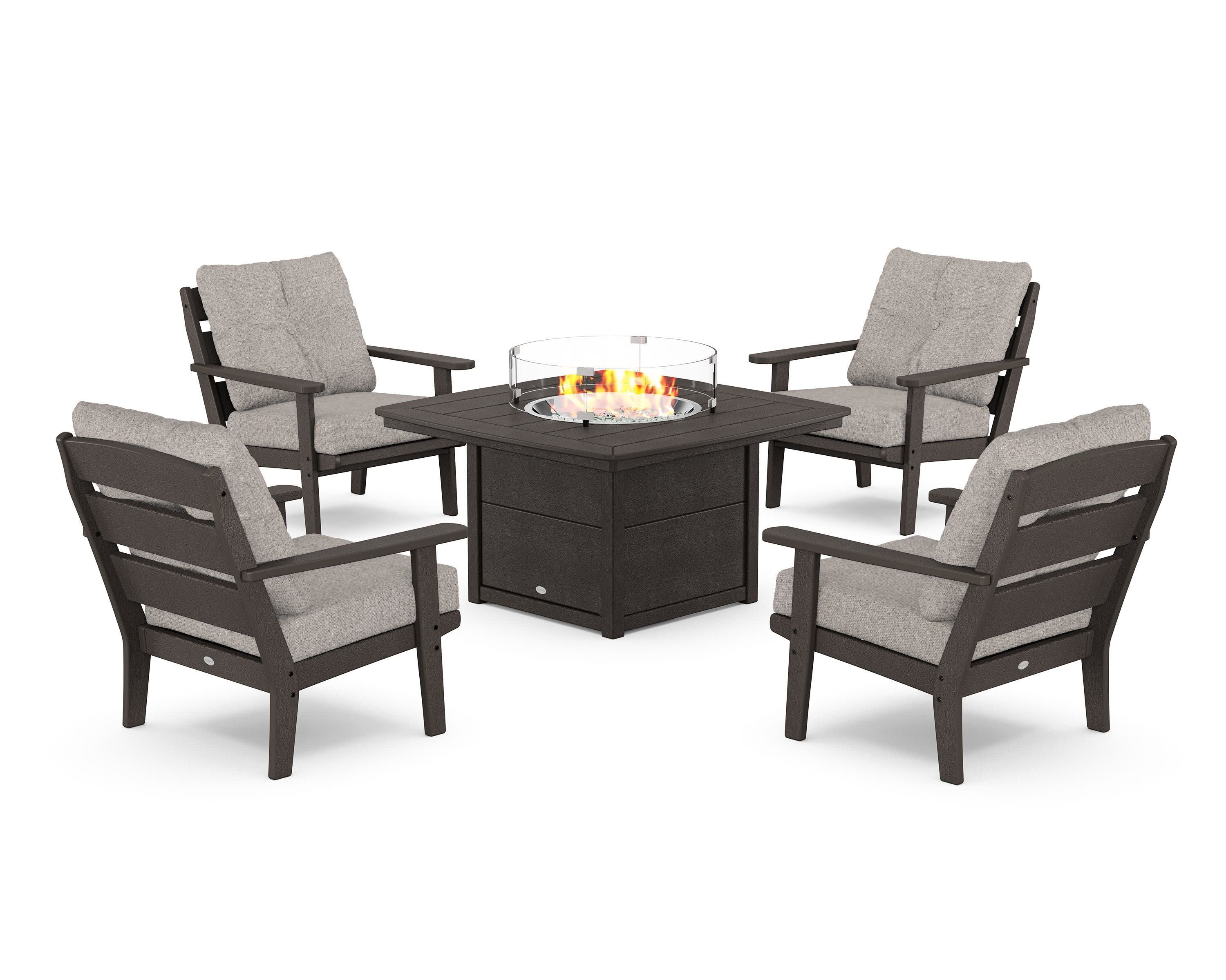 Lakeside 5-Piece Deep Seating Set with Nautical Fire Pit Table in Vintage Coffee / Weathered Tweed