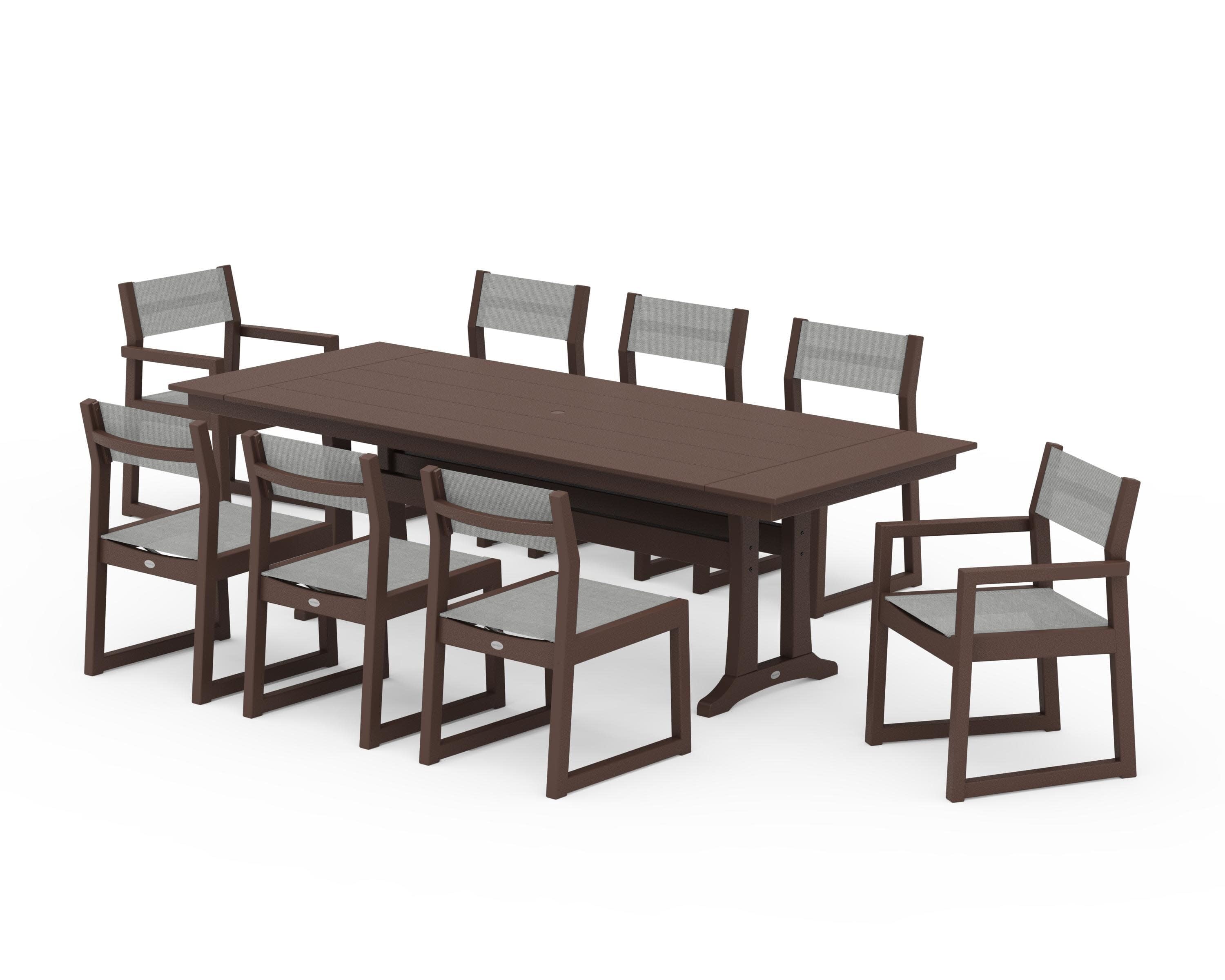 EDGE Sling 9-Piece Farmhouse Trestle Dining Set in Mahogany / Metallic Sling