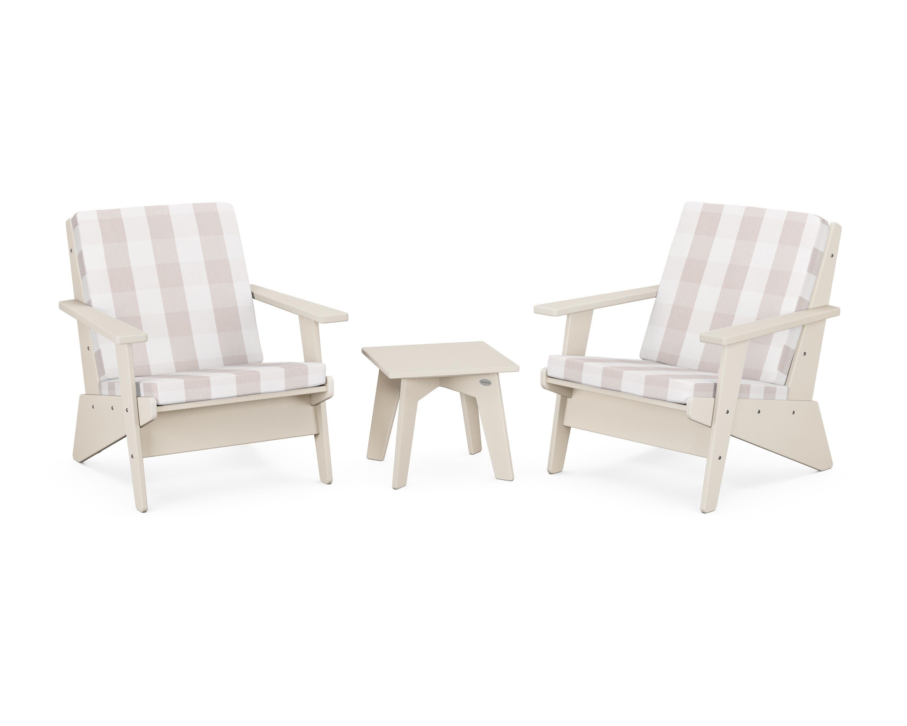 Riviera Modern Lounge 3-Piece Set in Sand / Buffalo Plaid Dune Burlap