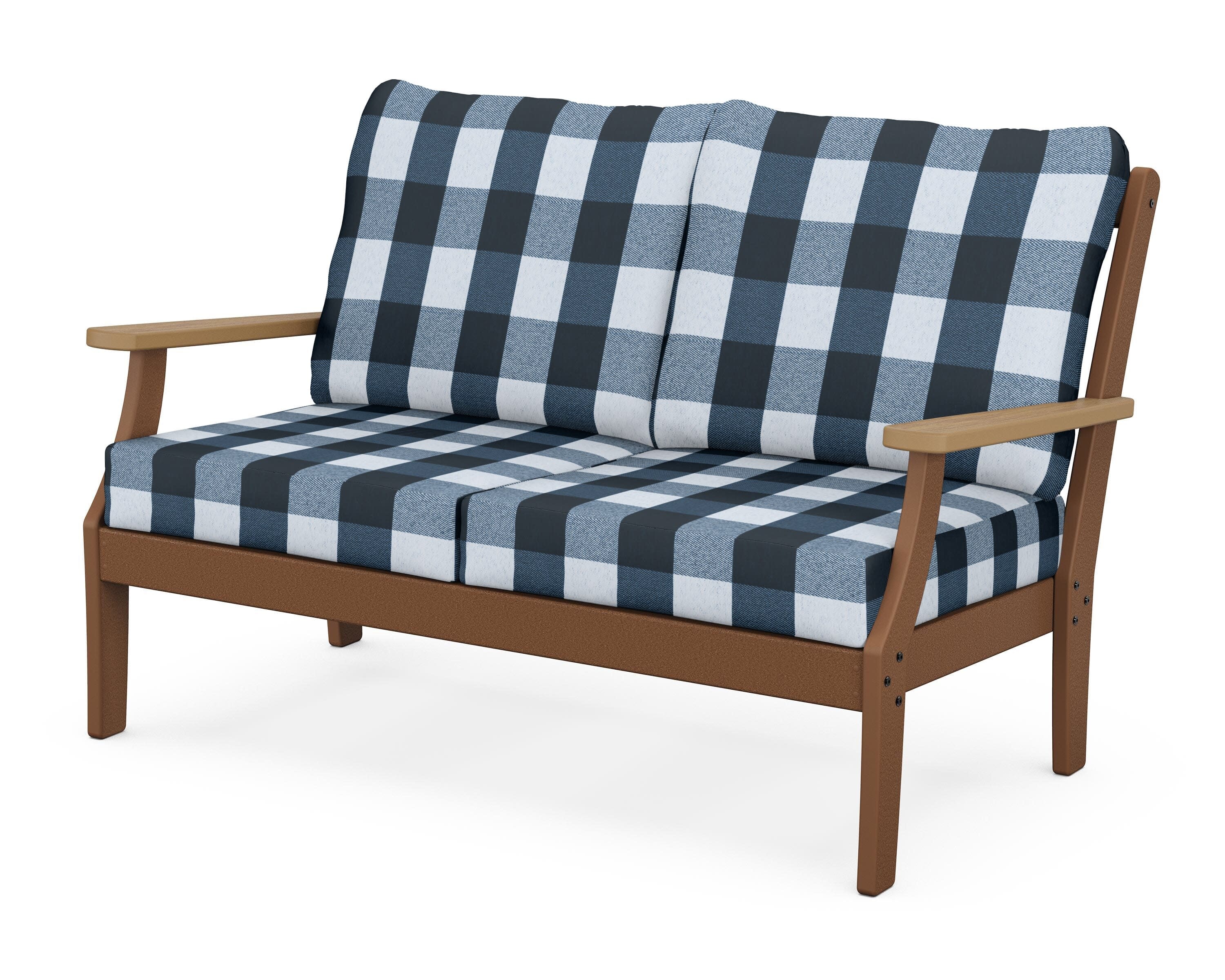 Braxton Deep Seating Loveseat in Teak / Natural / Buffalo Plaid Marine Indigo