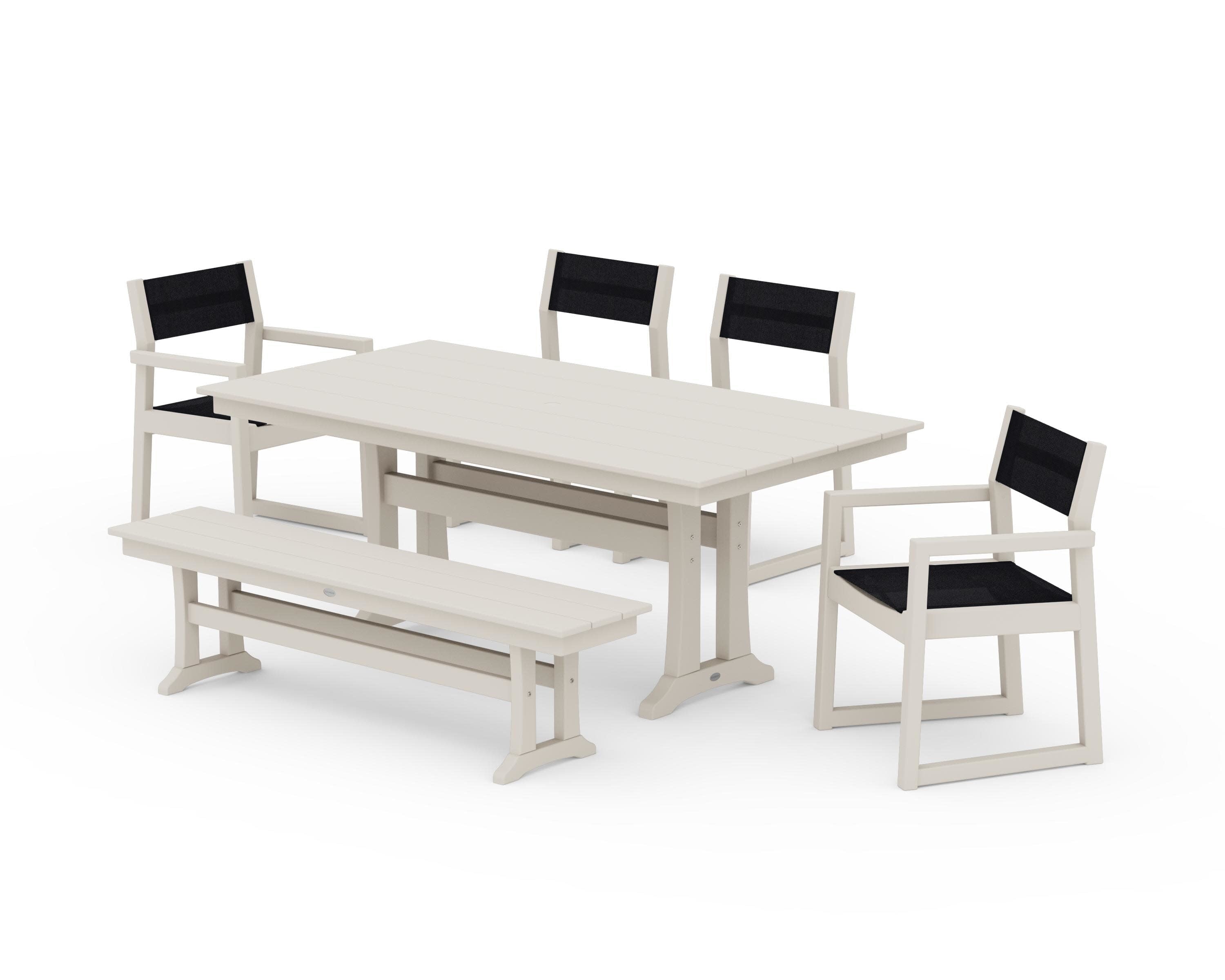 EDGE Sling 6-Piece Farmhouse Dining Set With Trestle Legs in Sand / Black Sling