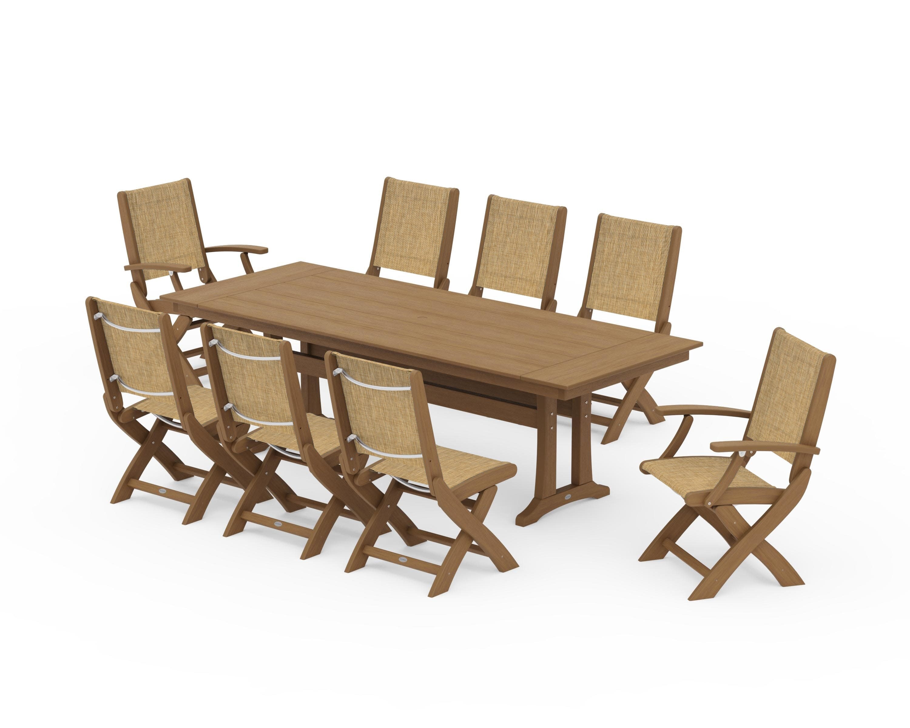 Coastal 9-Piece Folding Dining Chair Farmhouse Dining Set with Trestle Legs in Natural / Burlap Sling