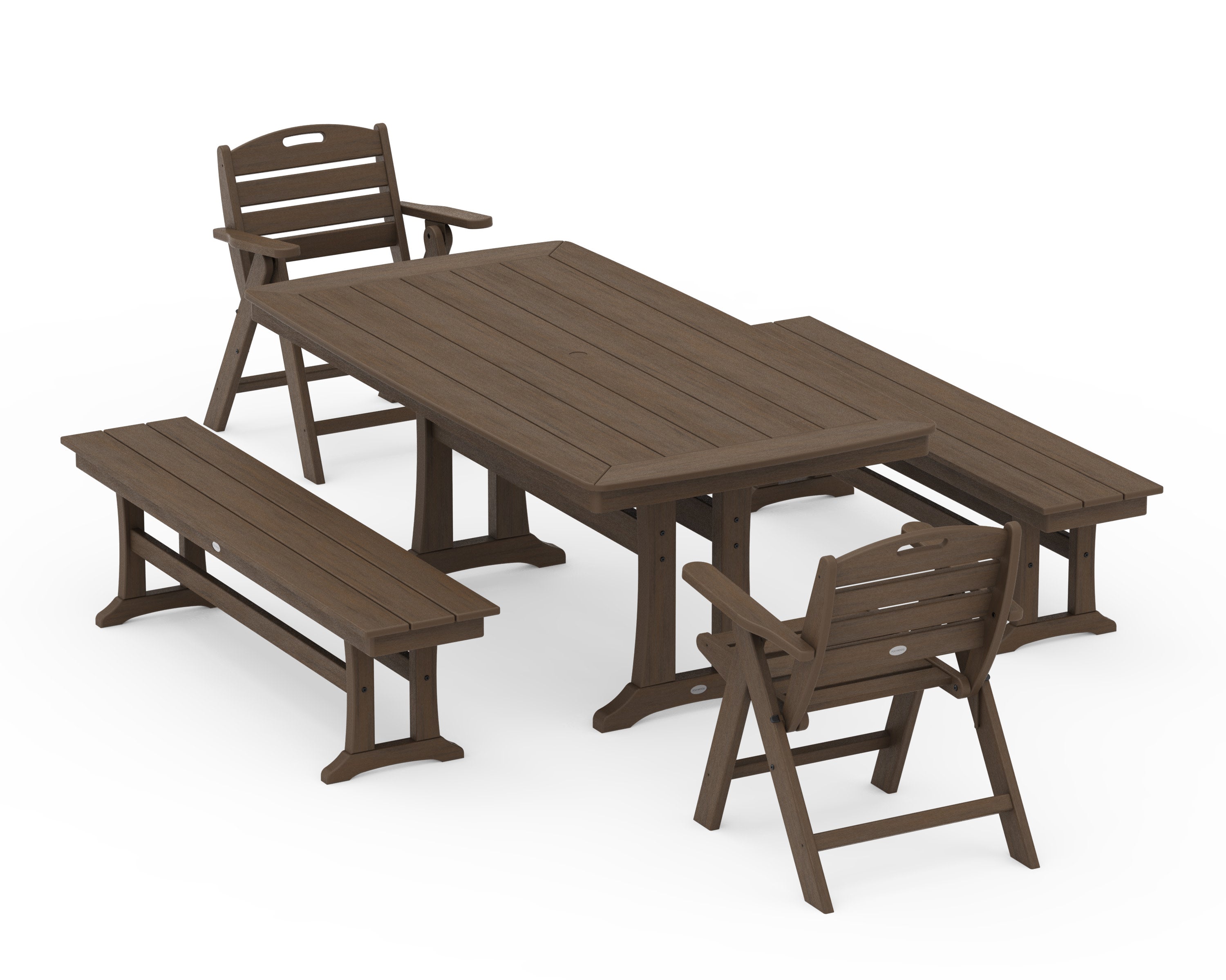 Nautical Folding Lowback Chair 5-Piece Dining Set with Trestle Legs and Benches in Kona