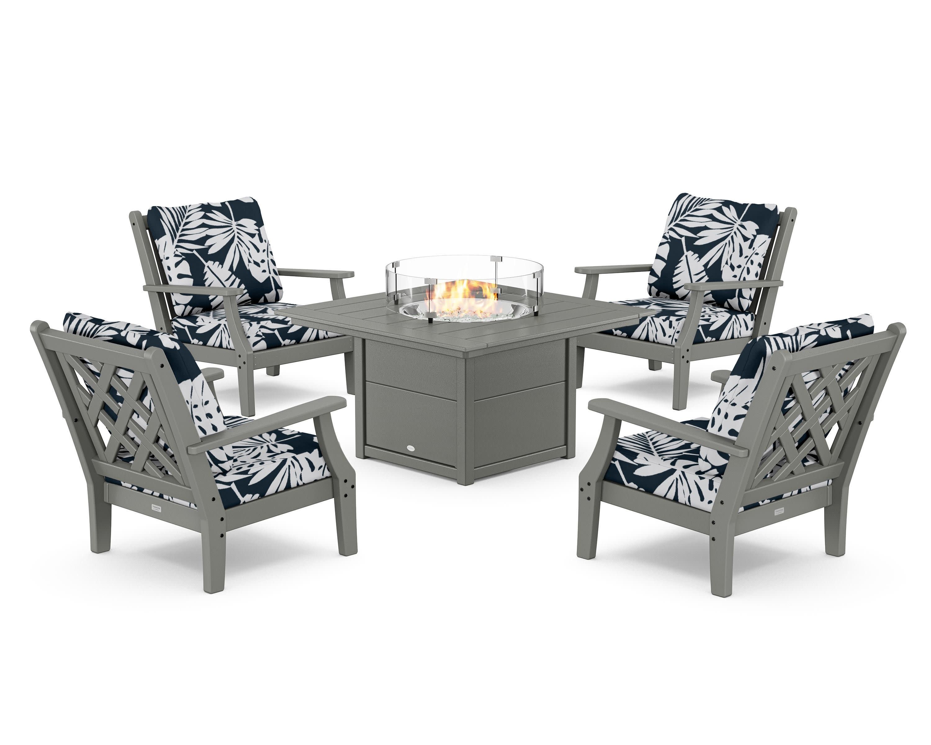 Wovendale 5-Piece Deep Seating Set with Fire Pit Table in Slate Grey / Leaf Marine Indigo