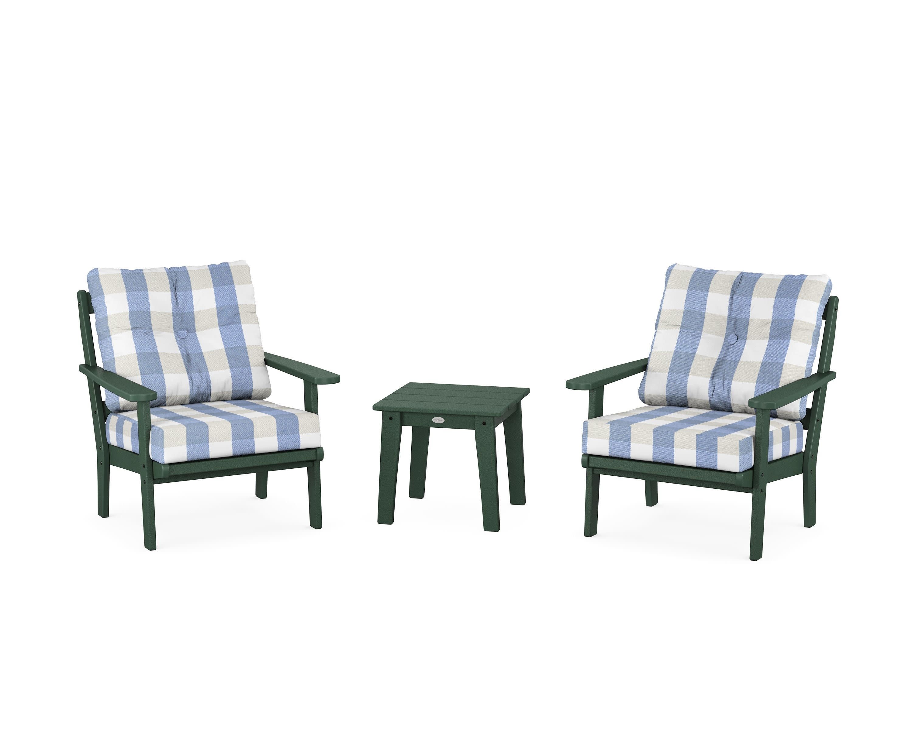 Mission 3-Piece Deep Seating Set in Green / Buffalo Plaid Sky Blue