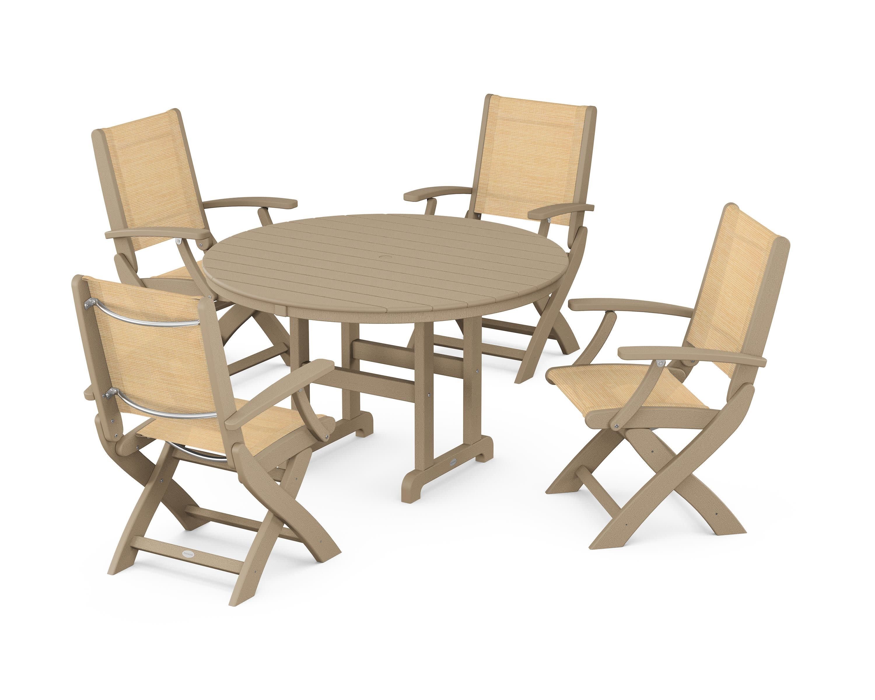 Coastal Folding Chair 5-Piece Round Dining Set in Vintage Sahara / Dupioni Apricot Sling