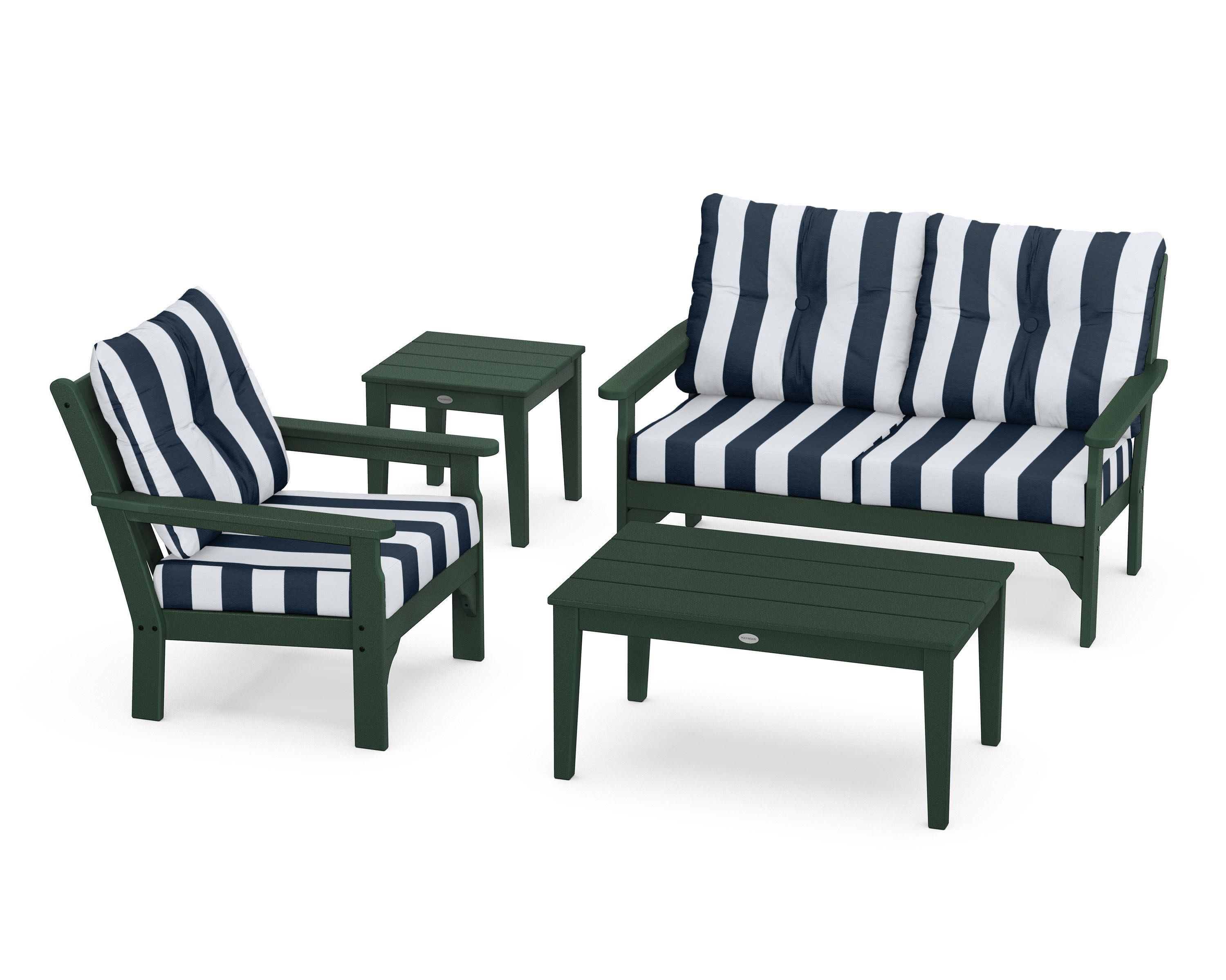 Vineyard 4-Piece Deep Seating Set in Green / Cabana Stripe Marine Indigo