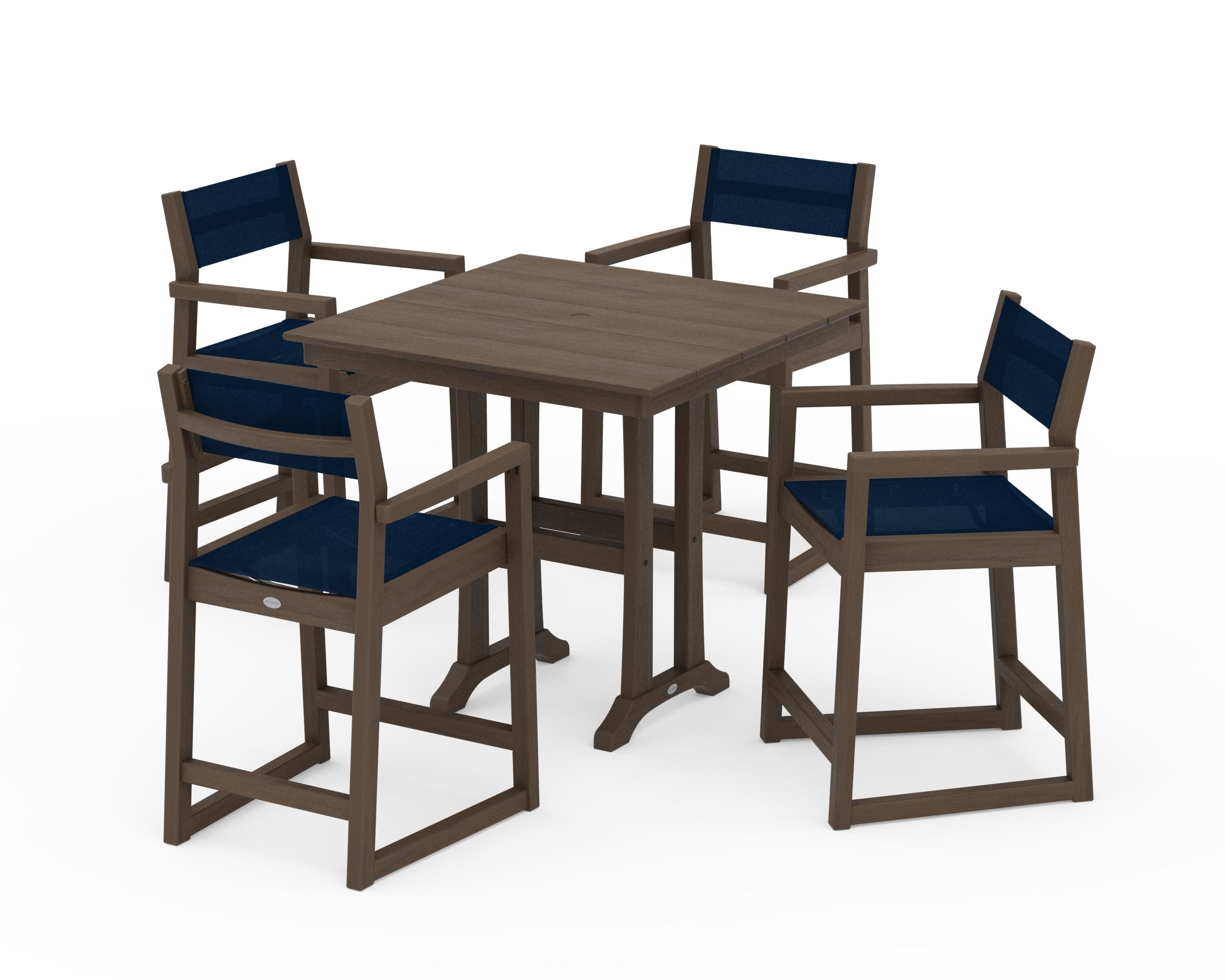 EDGE Sling Arm Chair 5-Piece Farmhouse Counter Set with Trestle Legs in Kona / Navy Blue Sling