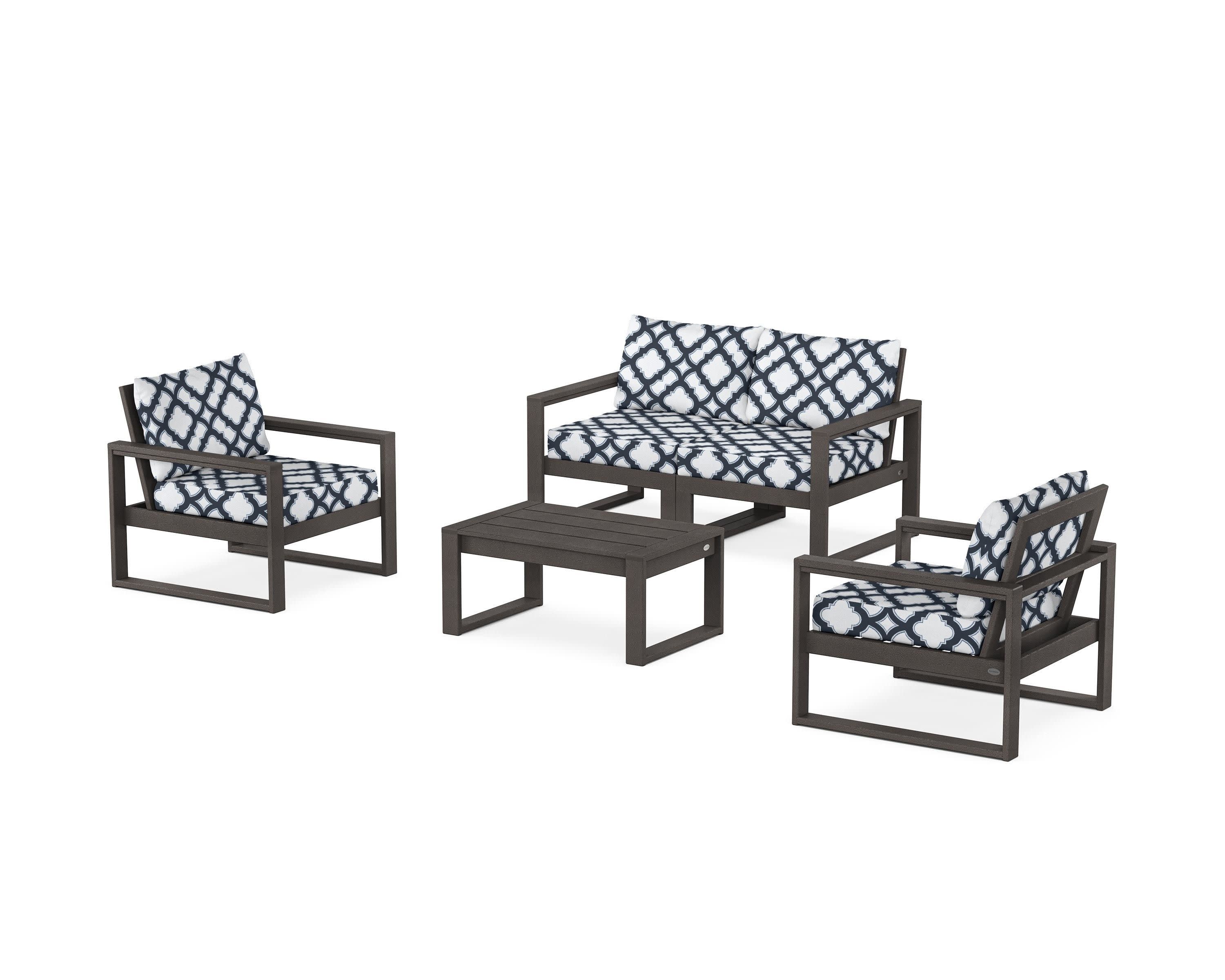 EDGE Sectional 4-Piece Deep Seating Set with Loveseat in Vintage Coffee / Trellis Marine Indigo