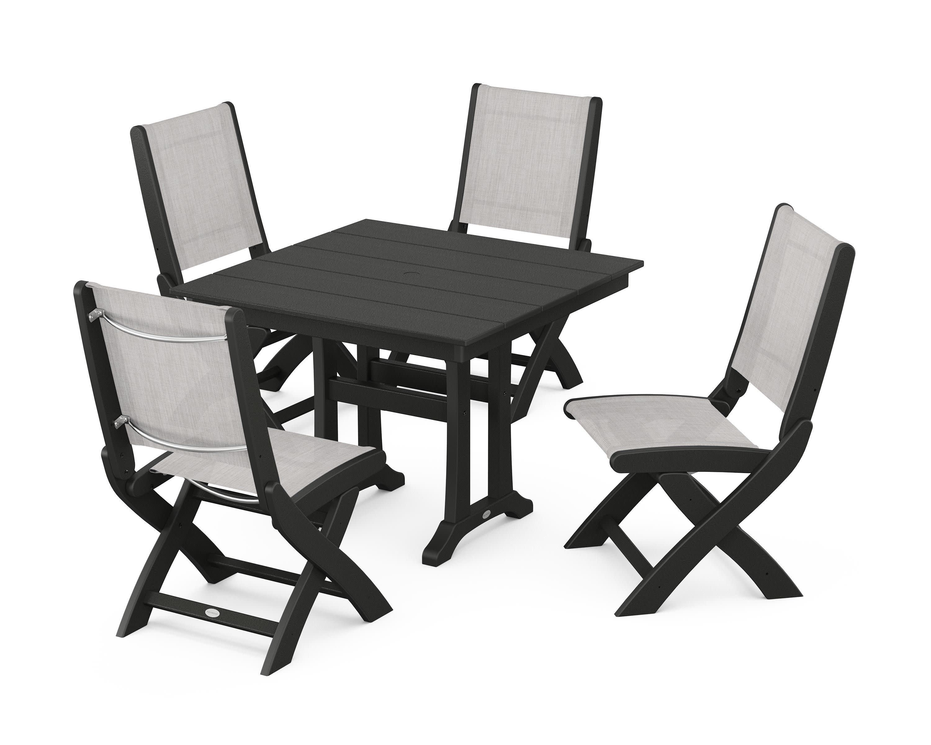 Coastal Folding Side Chair 5-Piece Farmhouse Dining Set With Trestle Legs in Black / Parchment Sling