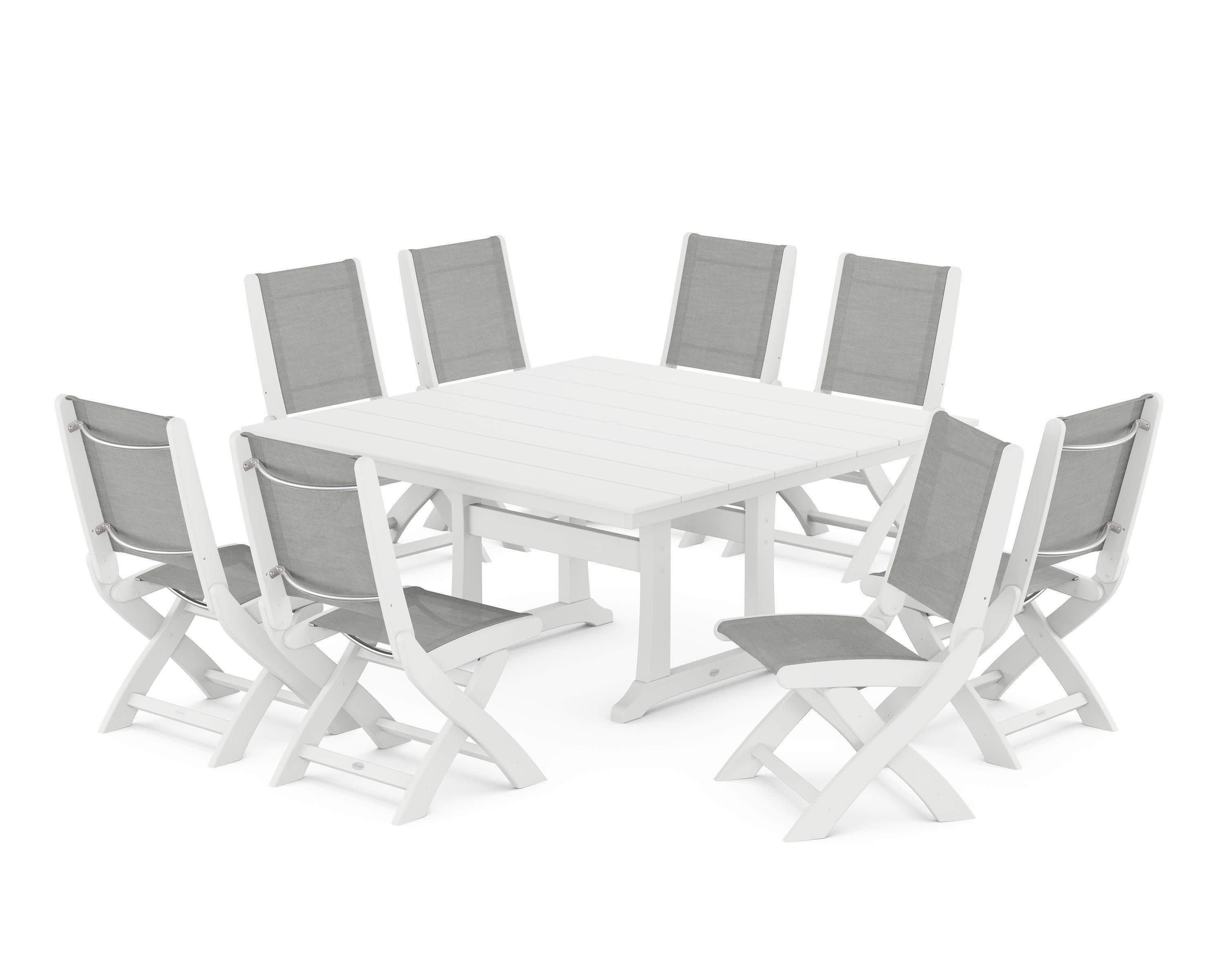 Coastal Folding Side Chair 9-Piece Farmhouse Dining Set in White / Metallic Sling