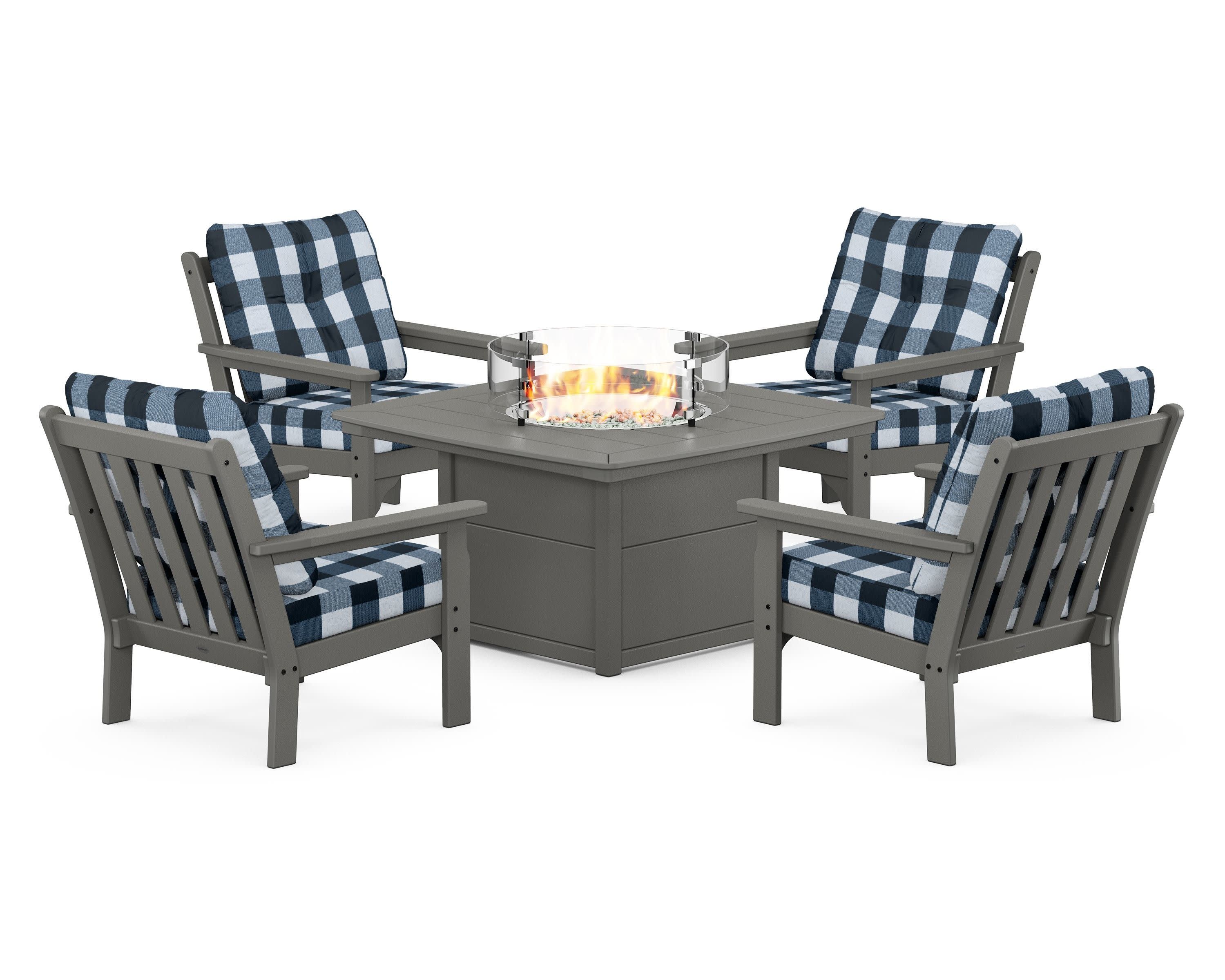 Vineyard 5-Piece Conversation Set with Fire Pit Table in Slate Grey / Buffalo Plaid Marine Indigo