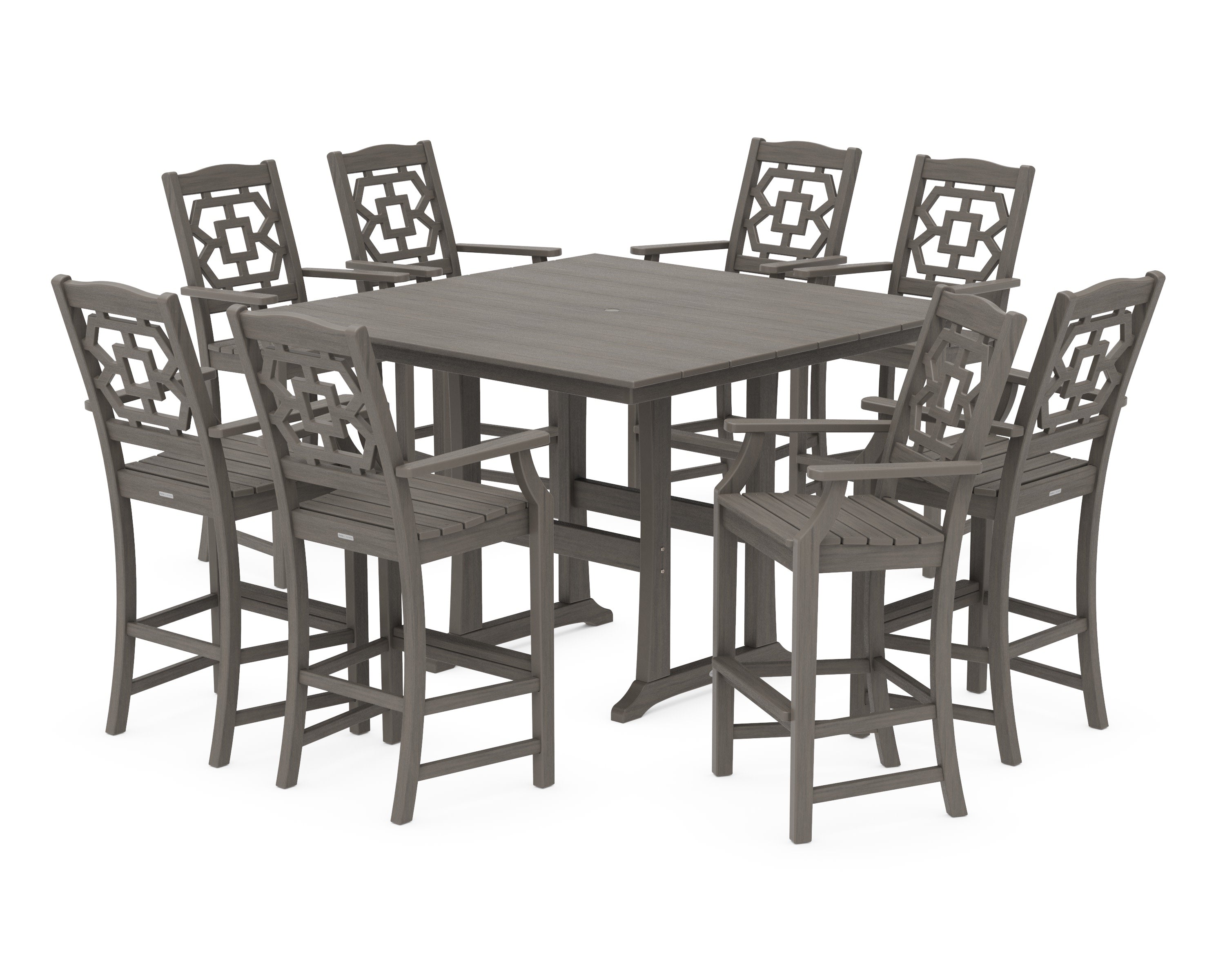 Chinoiserie 9-Piece Square Farmhouse Bar Set with Trestle Legs in Driftwood