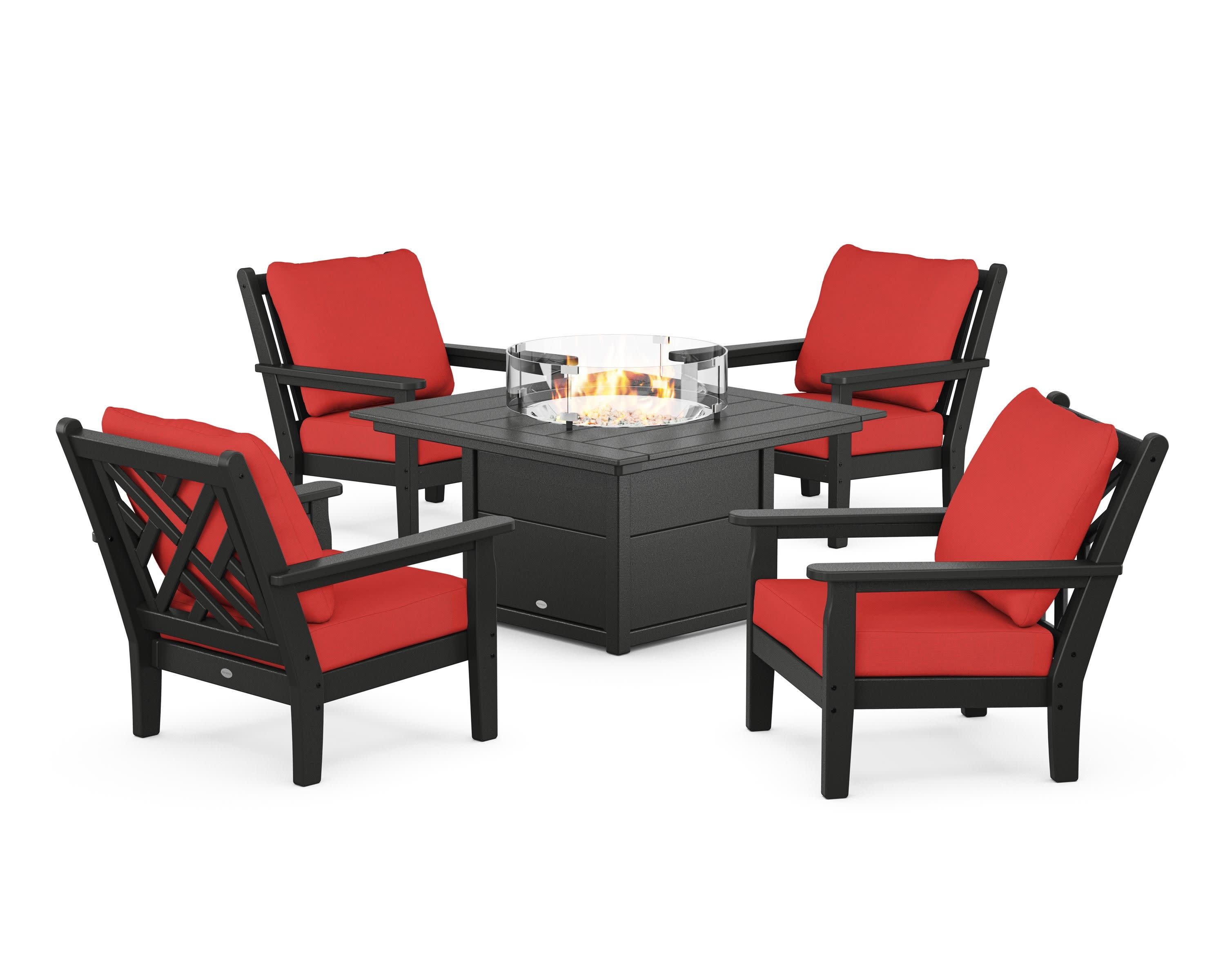 Chippendale 5-Piece Deep Seating Set with Fire Pit Table in Black / Crimson Linen