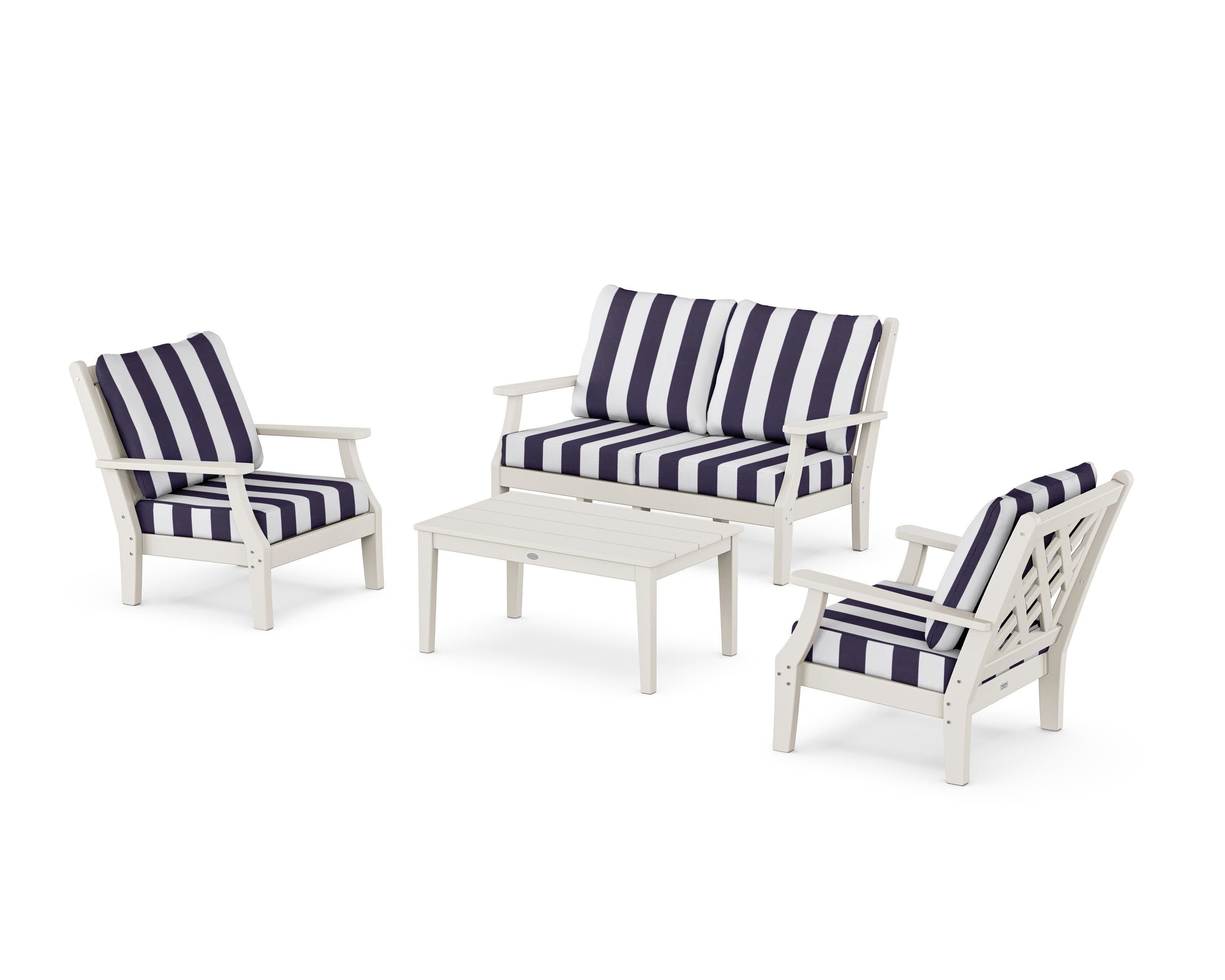 Wovendale 4-Piece Deep Seating Set with Loveseat in Sand / Cabana Stripe Navy