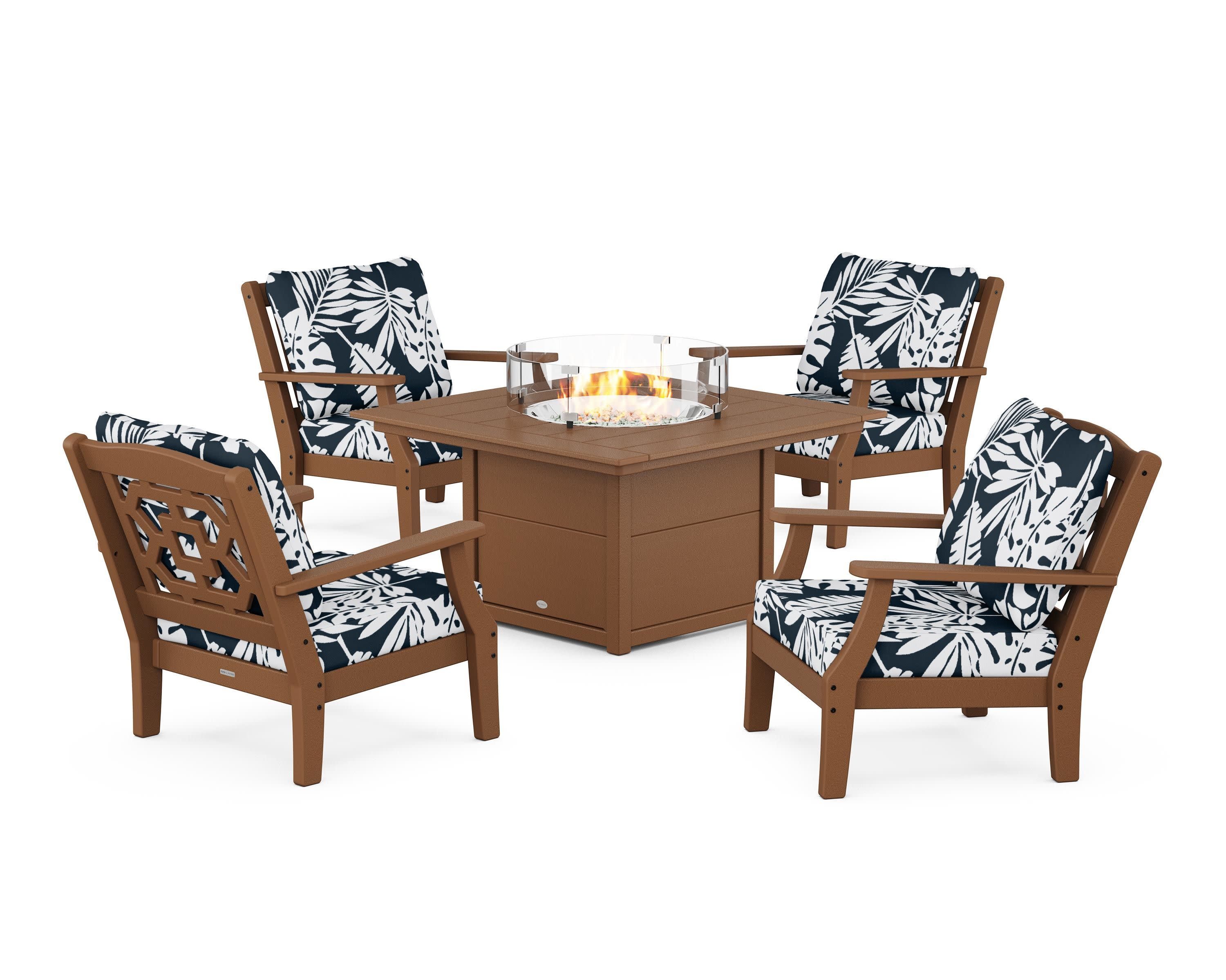 Chinoiserie 5-Piece Deep Seating Set with Fire Pit Table in Teak / Leaf Marine Indigo