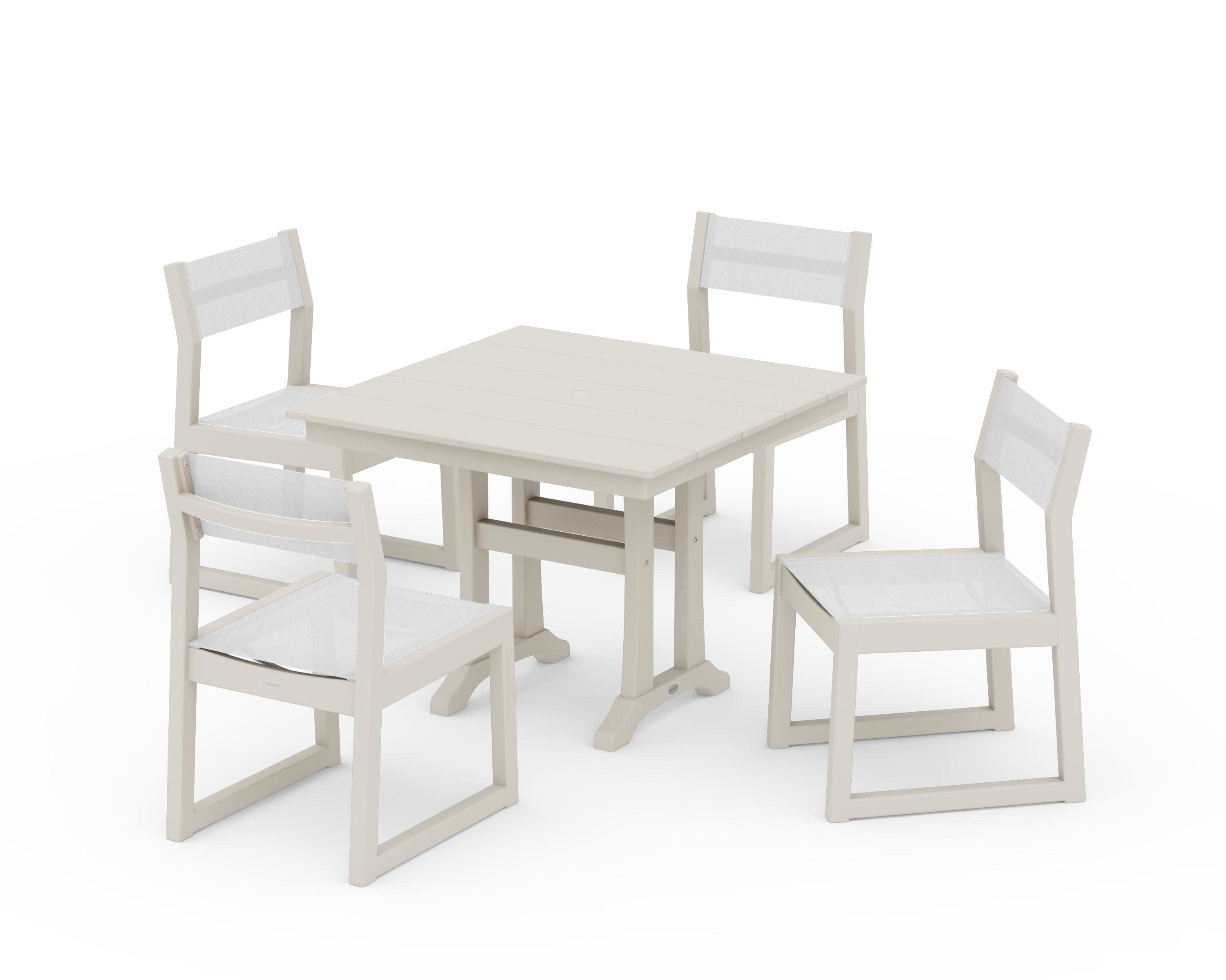 EDGE Sling 5-Piece Farmhouse Trestle Side Chair Dining Set in Sand / White Sling