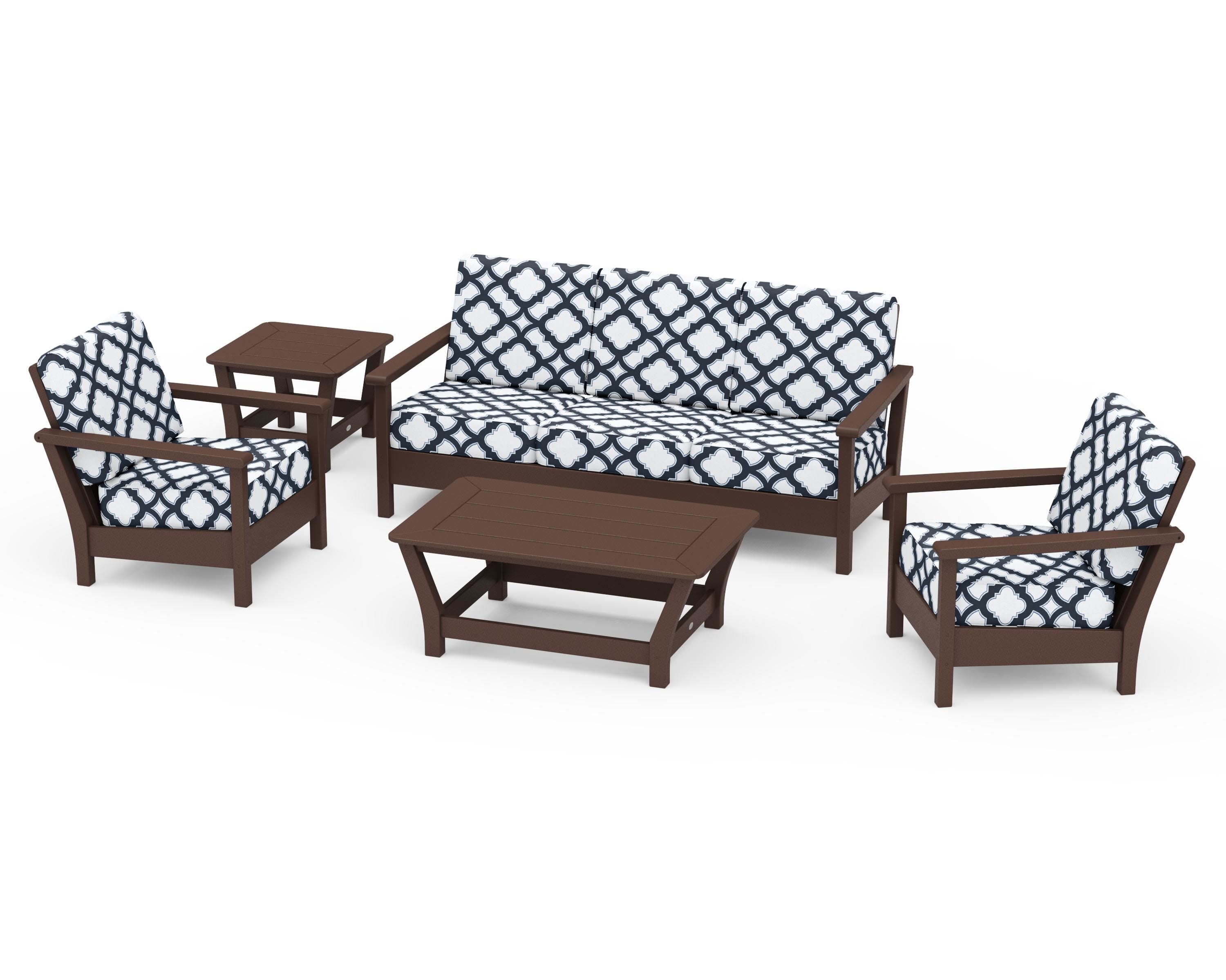 Harbour 5-Piece Deep Seating Set in Mahogany / Trellis Marine Indigo