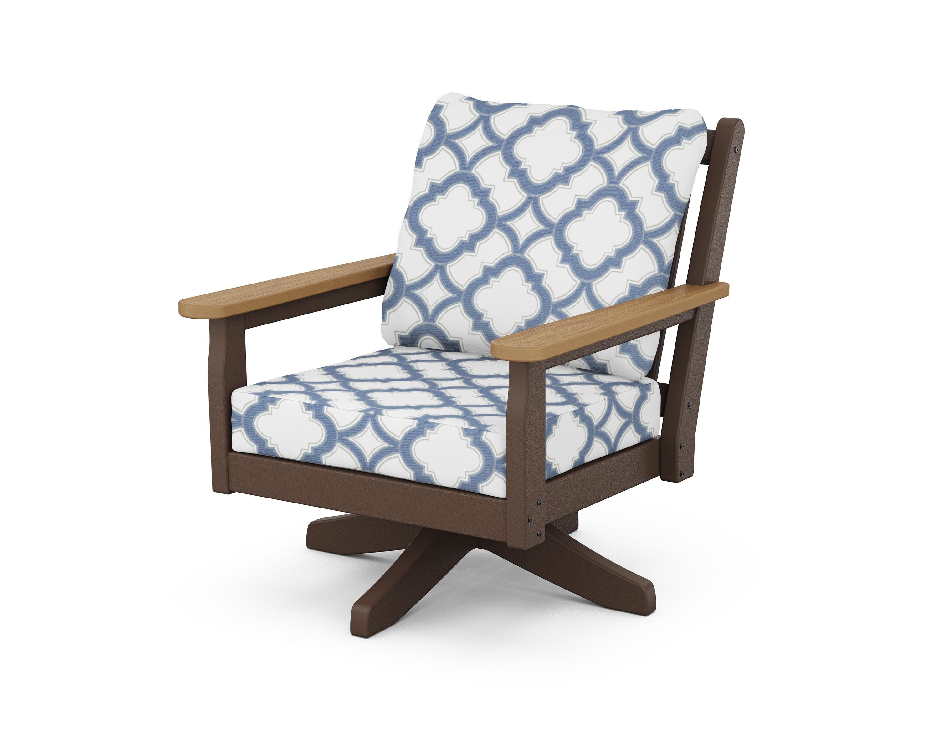 Chippendale Deep Seating Swivel Chair in Mahogany / Natural / Trellis Sky Blue