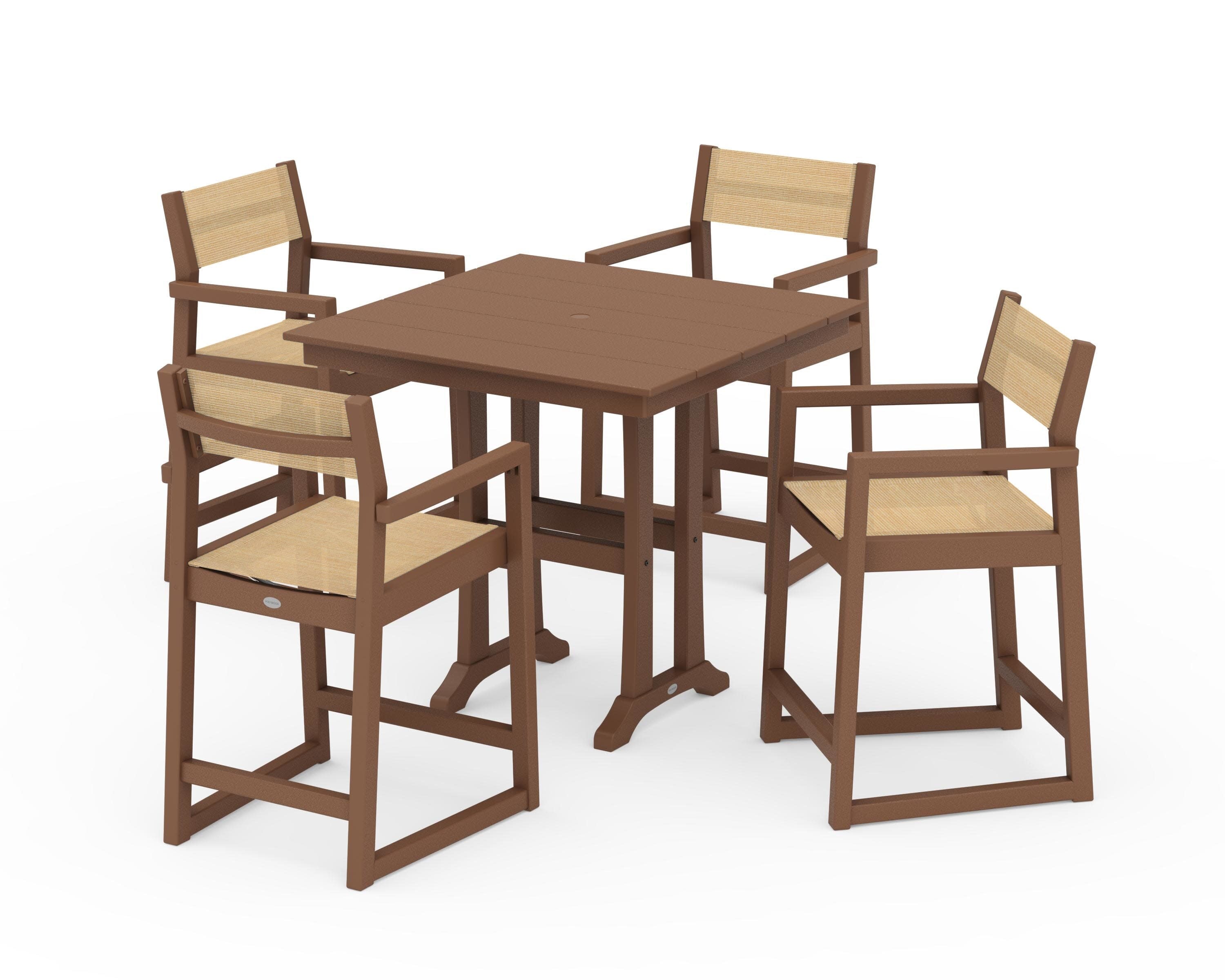 EDGE Sling Arm Chair 5-Piece Farmhouse Counter Set with Trestle Legs in Teak / Dupioni Apricot Sling