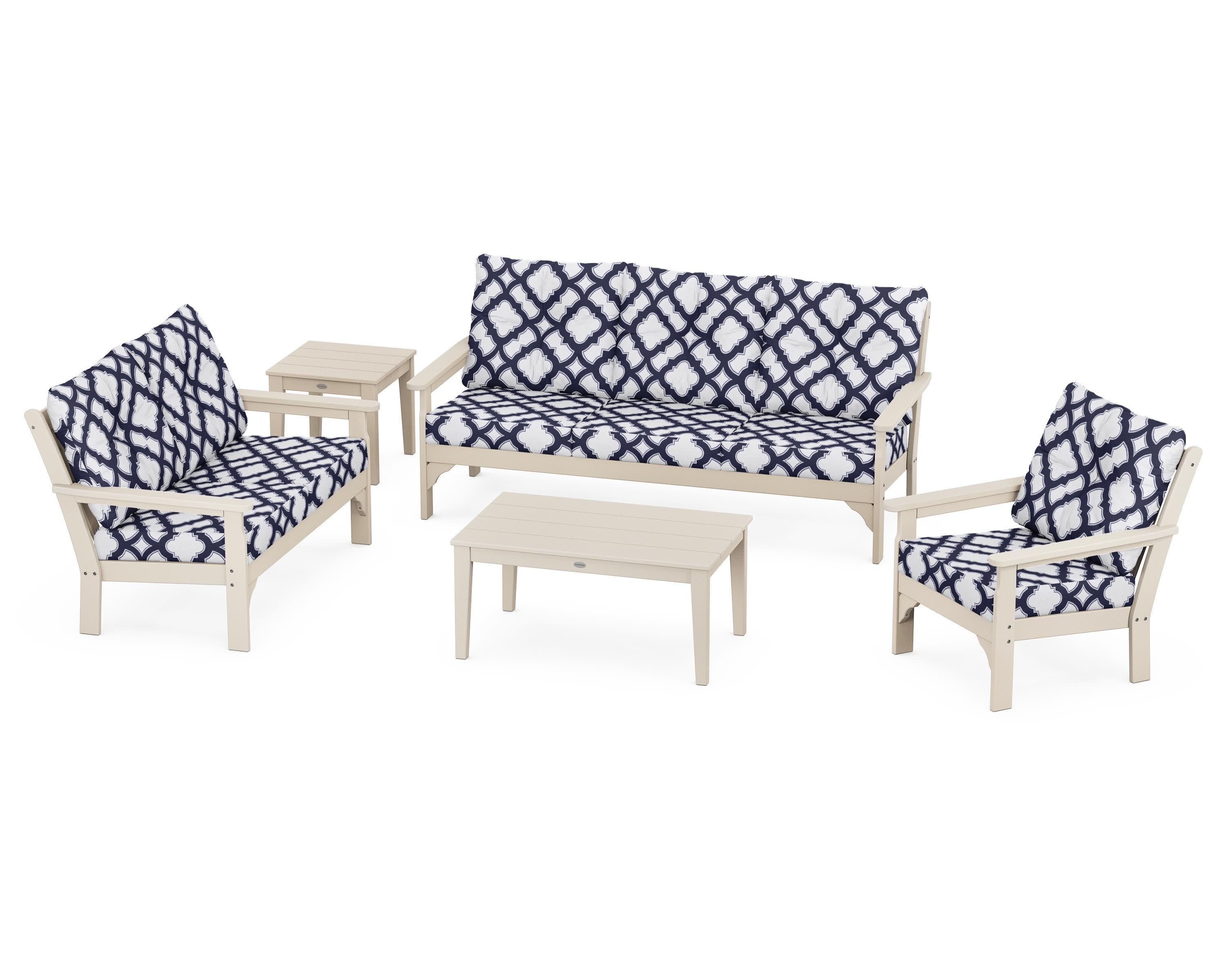 Vineyard 5 Piece Deep Seating Set in Sand / Trellis Navy