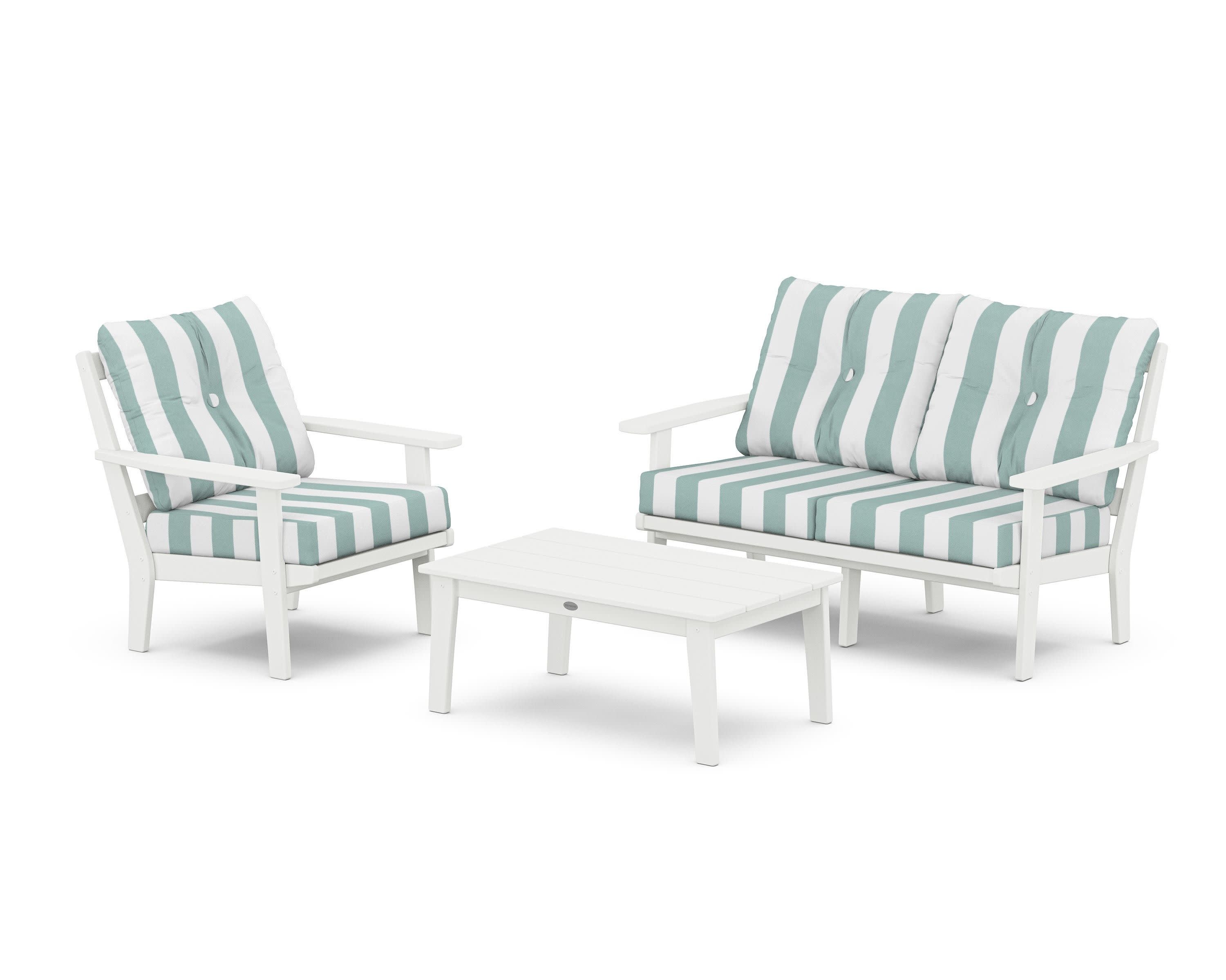 Oxford 3-Piece Deep Seating Set with Loveseat in White / Cabana Stripe Glacier Spa