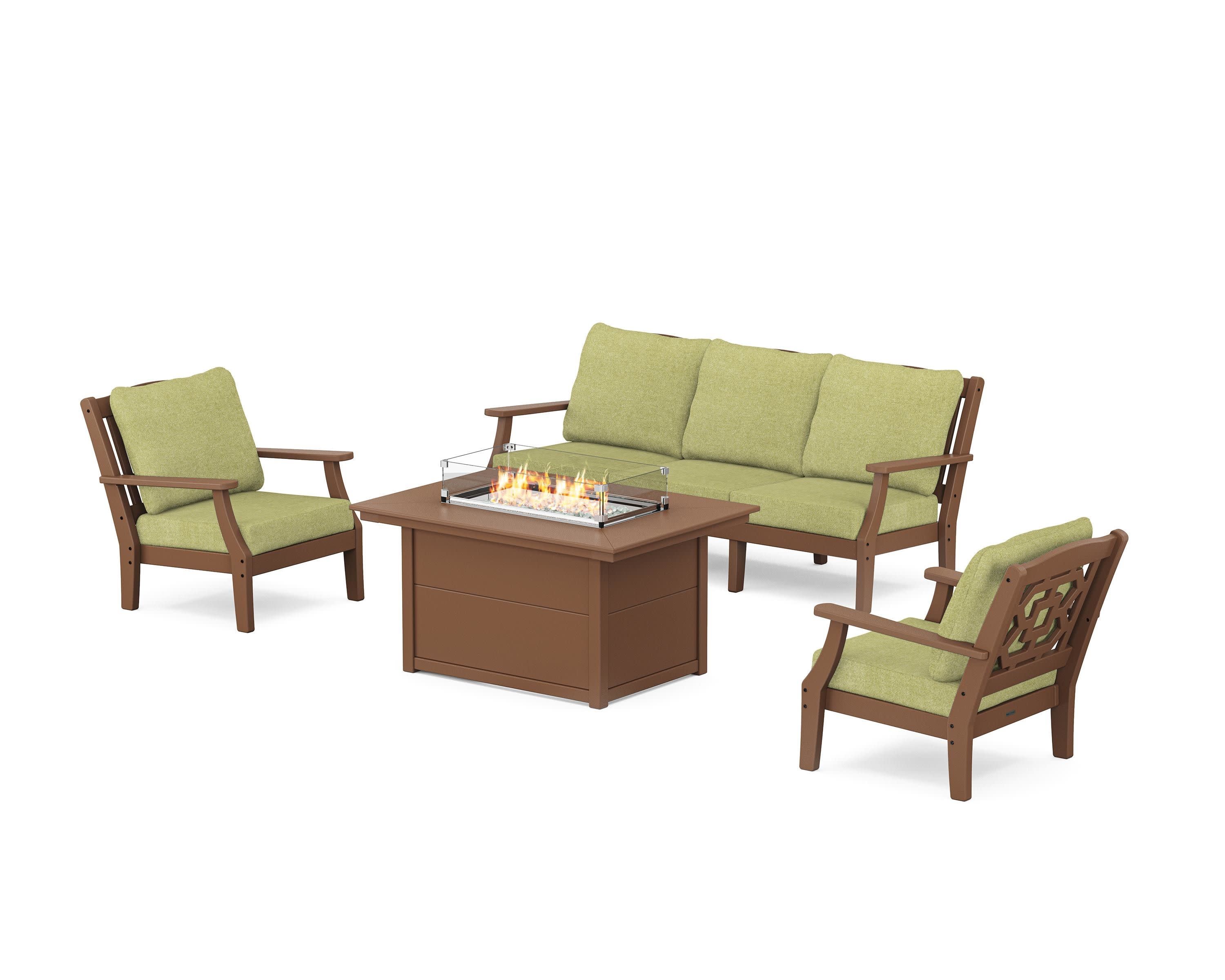 Chinoiserie Deep Seating Fire Pit Table Set in Teak / Chartreuse Boucle