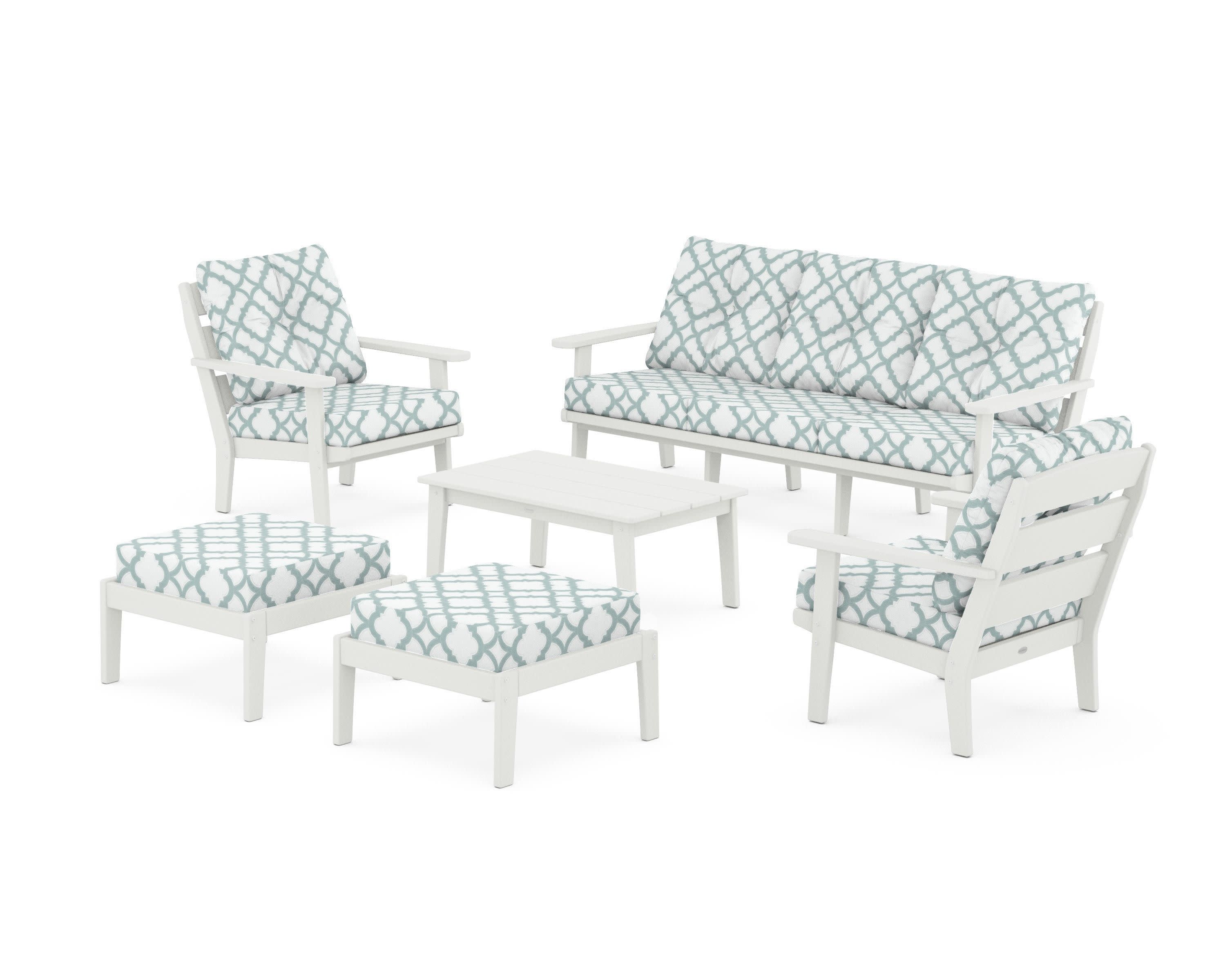 Lakeside 6-Piece Lounge Sofa Set in Vintage White / Trellis Glacier Spa