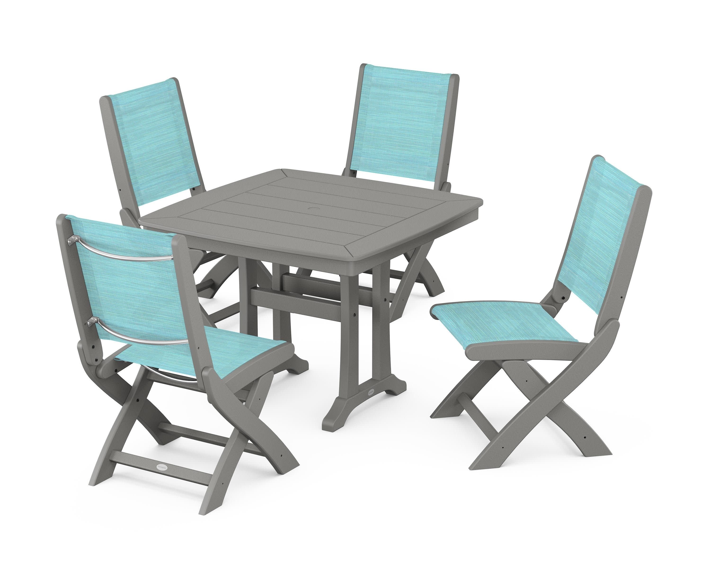 Coastal Folding Side Chair 5-Piece Dining Set with Trestle Legs in Slate Grey / Dupioni Aquamarine Sling