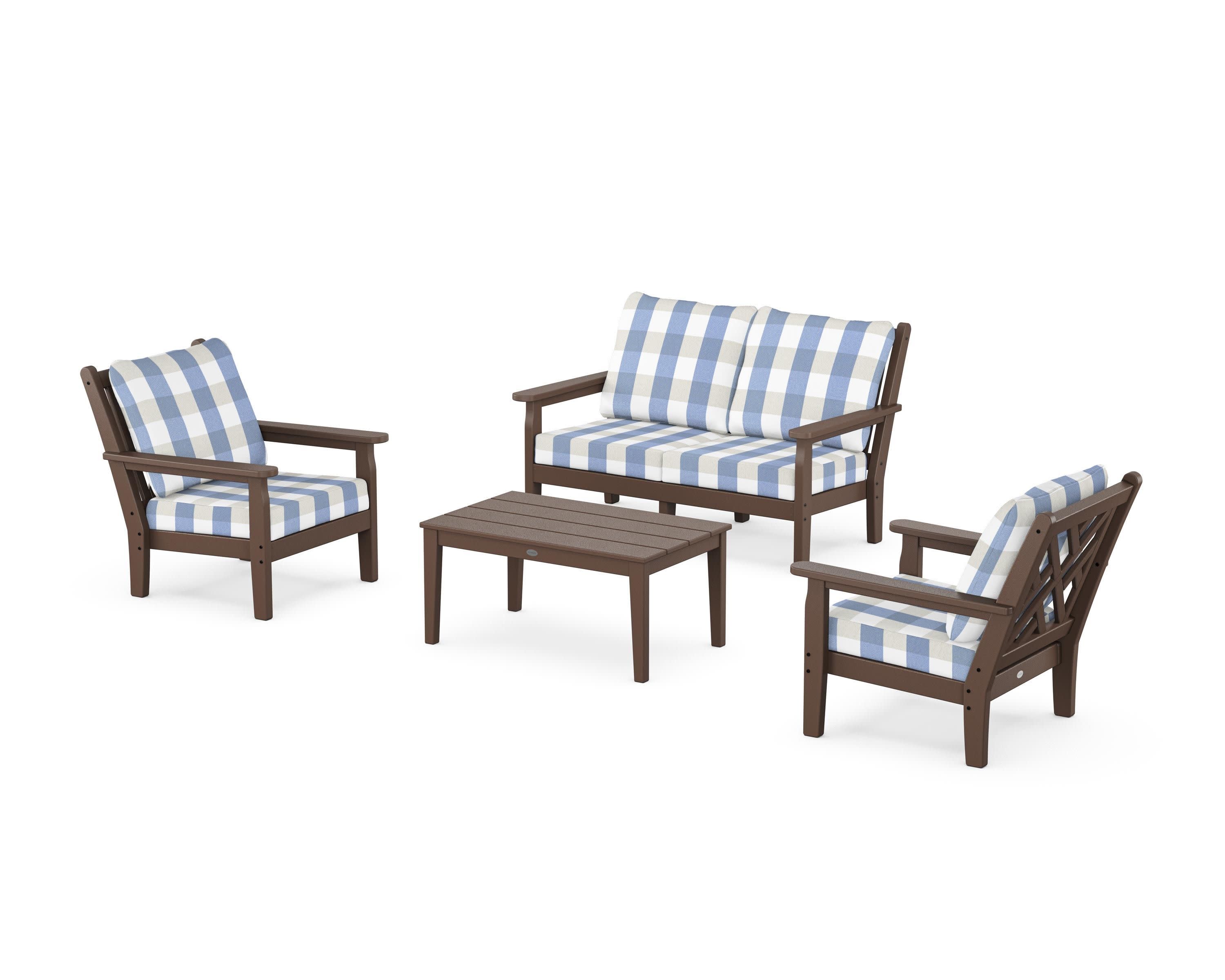 Chippendale 4-Piece Deep Seating Set with Loveseat in Mahogany / Buffalo Plaid Sky Blue