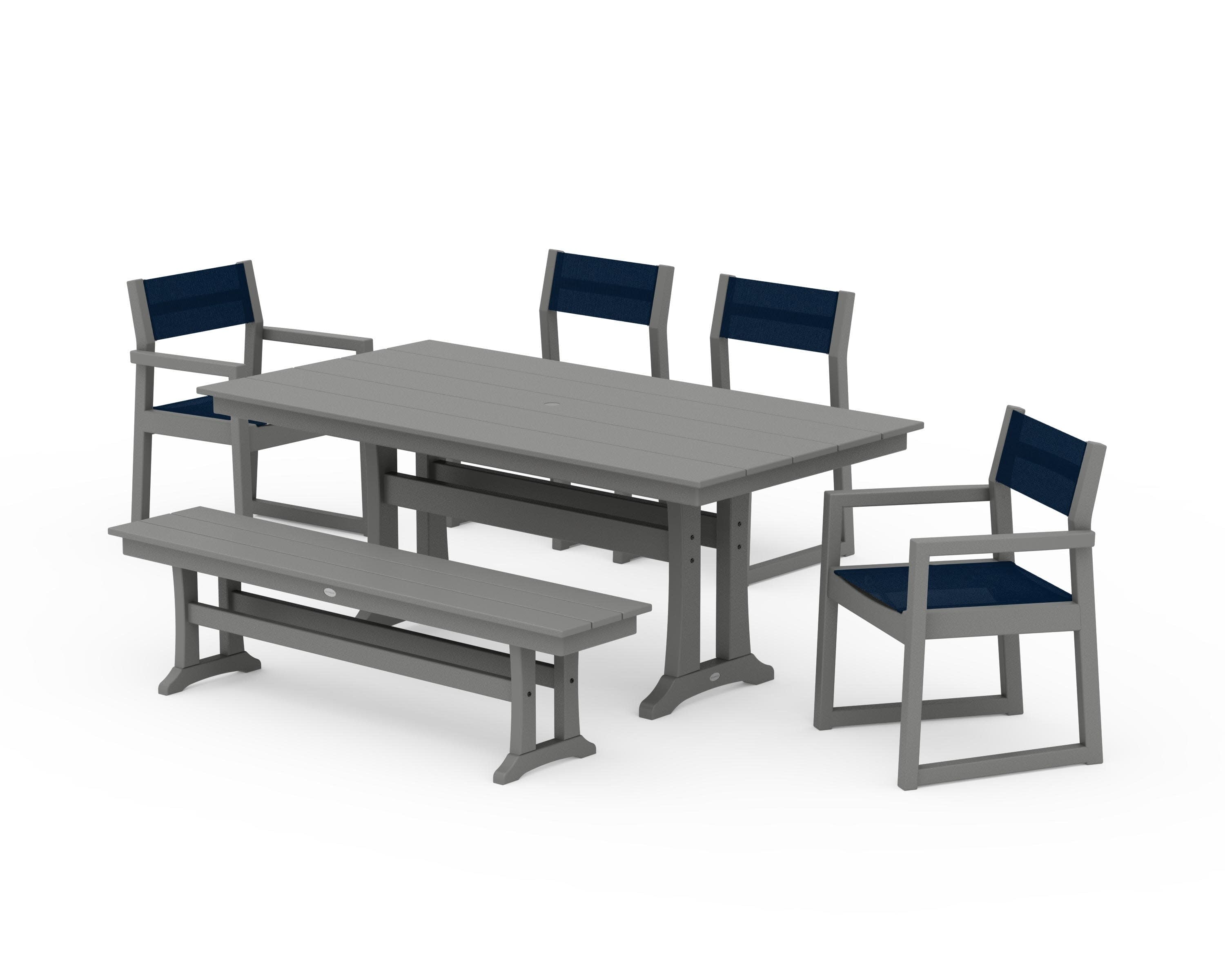 EDGE Sling 6-Piece Farmhouse Dining Set With Trestle Legs in Slate Grey / Navy Blue Sling