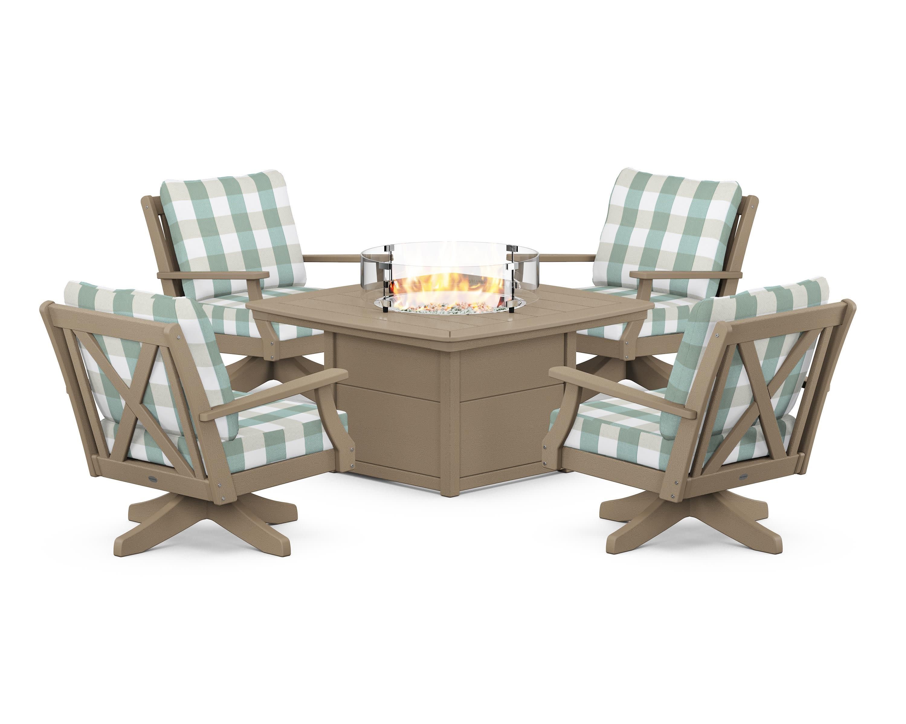 Braxton 5-Piece Deep Seating Swivel Conversation Set with Fire Pit Table in Vintage Sahara / Buffalo Plaid Glacier Spa