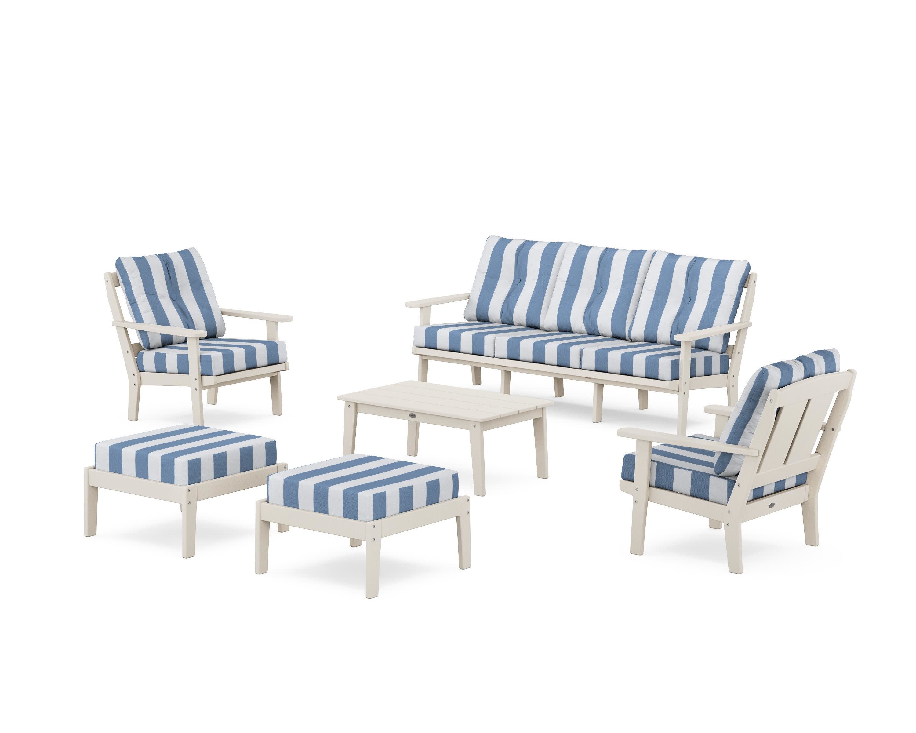 Mission 6-Piece Lounge Sofa Set in Sand / Cabana Stripe Sky Blue