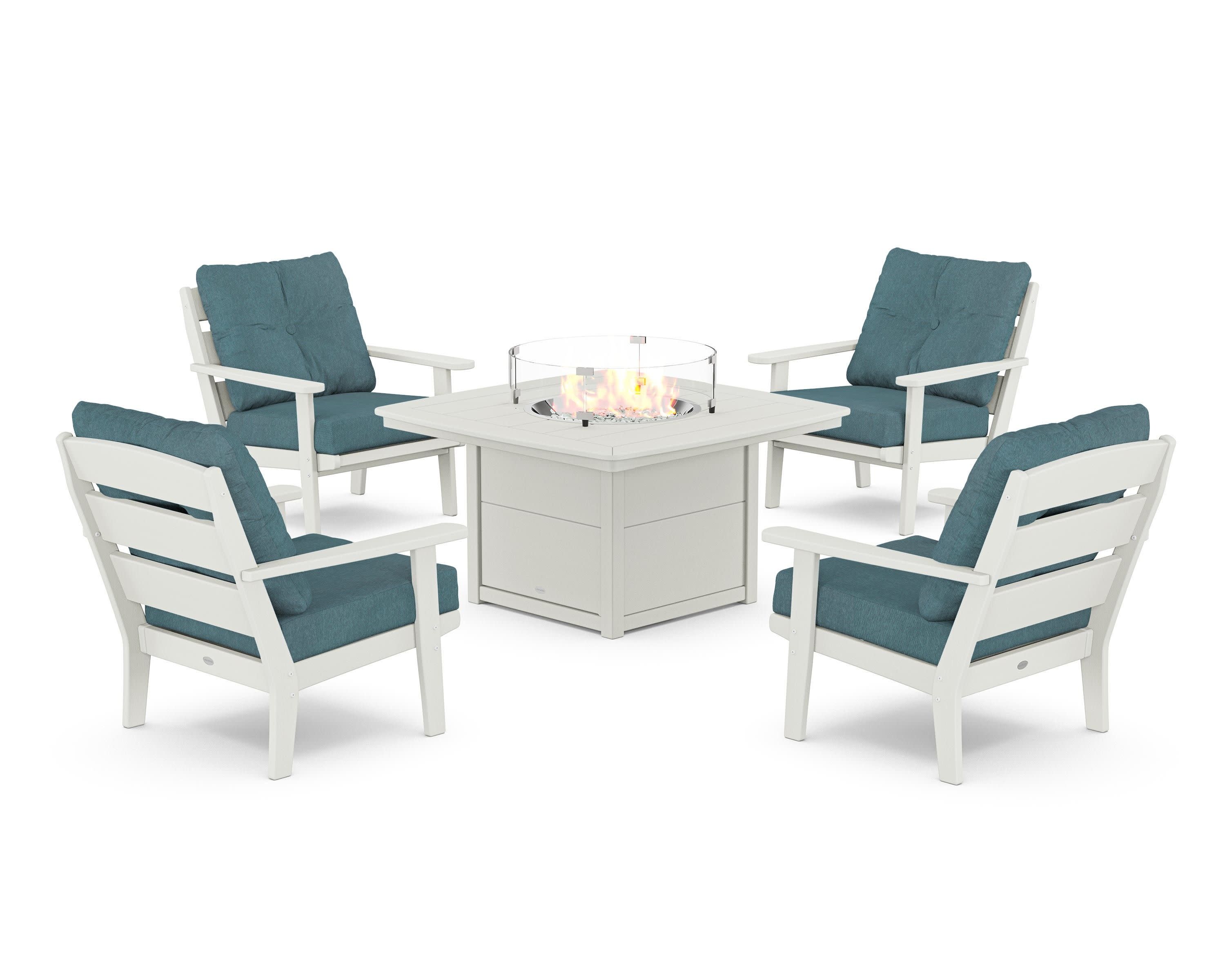 Lakeside 5-Piece Deep Seating Set with Nautical Fire Pit Table in Vintage White / Ocean Teal