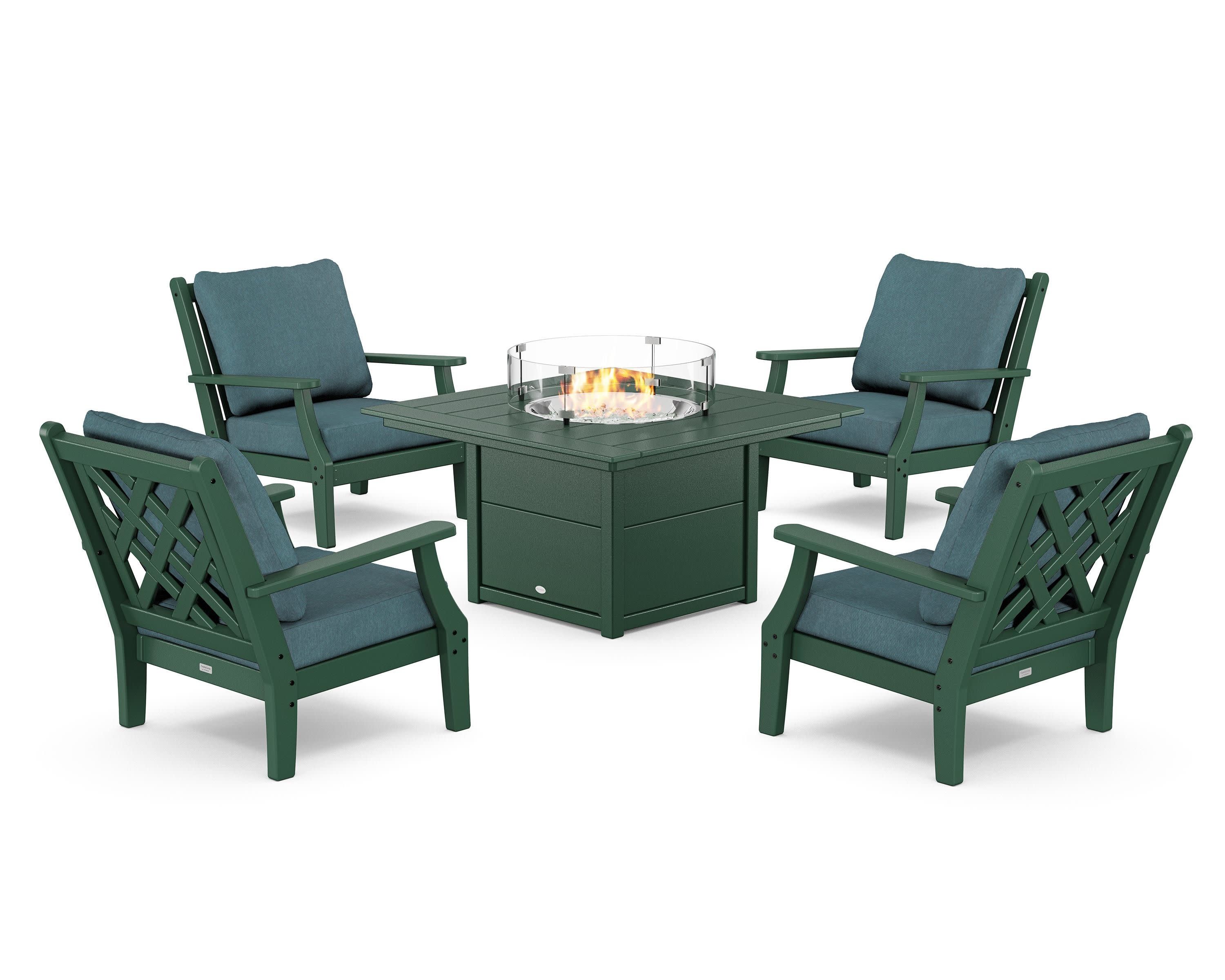 Wovendale 5-Piece Deep Seating Set with Fire Pit Table in Green / Ocean Teal