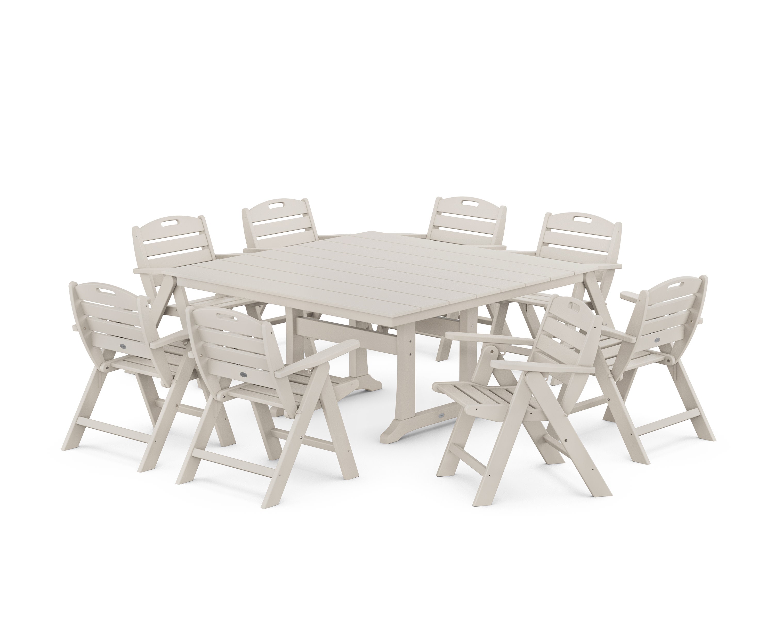 Nautical Lowback 9-Piece Square Farmhouse Dining Set with Trestle Legs in Sand