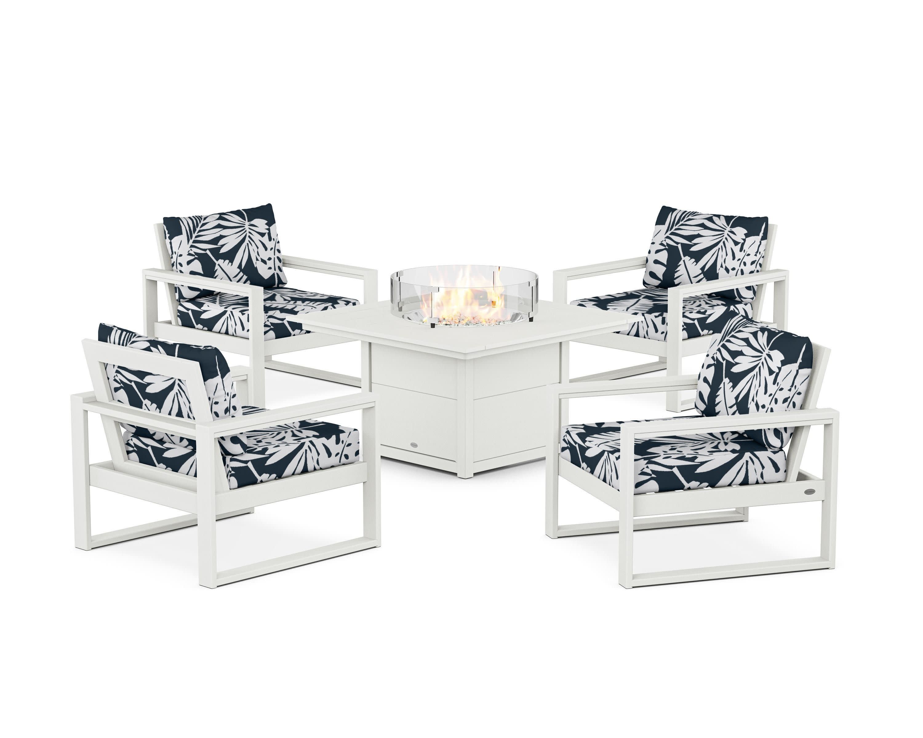 EDGE Sectional 5-Piece Deep Seating Set with Fire Pit Table in Vintage White / Leaf Marine Indigo