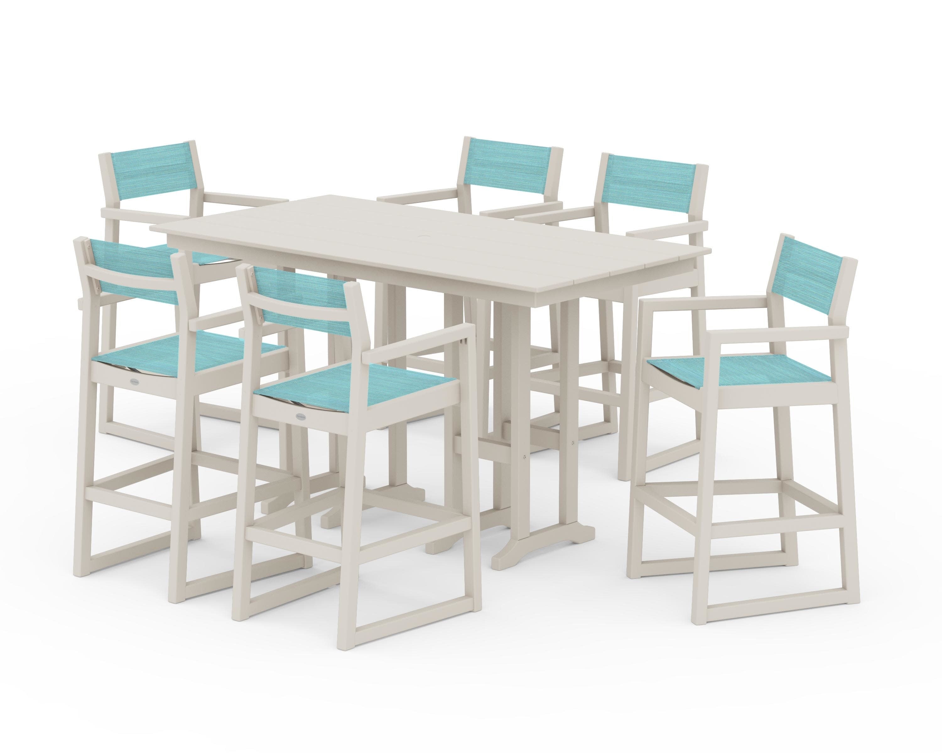EDGE Sling Arm Chair 7-Piece Farmhouse Bar Set in Sand / Dupioni Aquamarine Sling