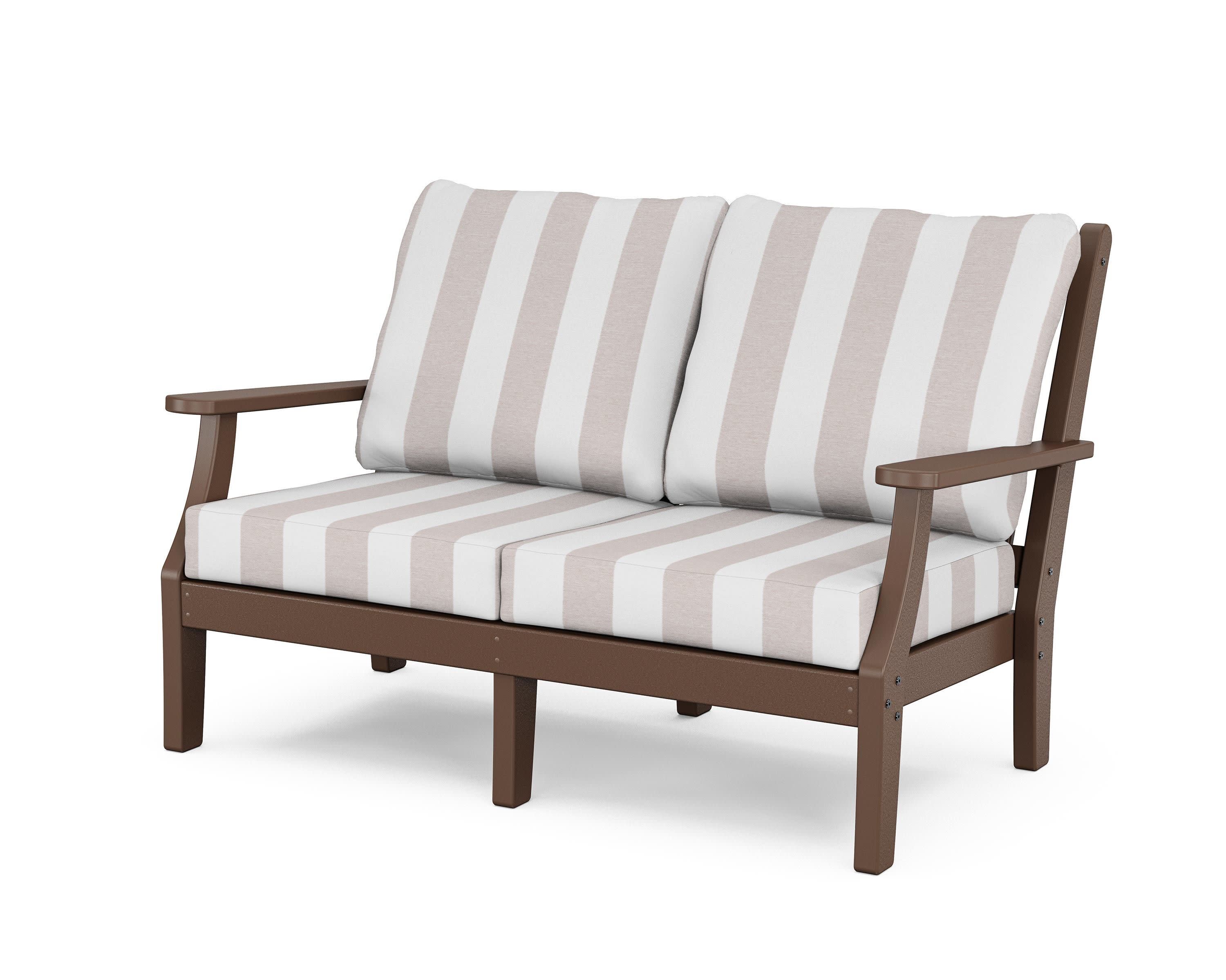 Wovendale Deep Seating Loveseat in Mahogany / Cabana Stripe Dune Burlap