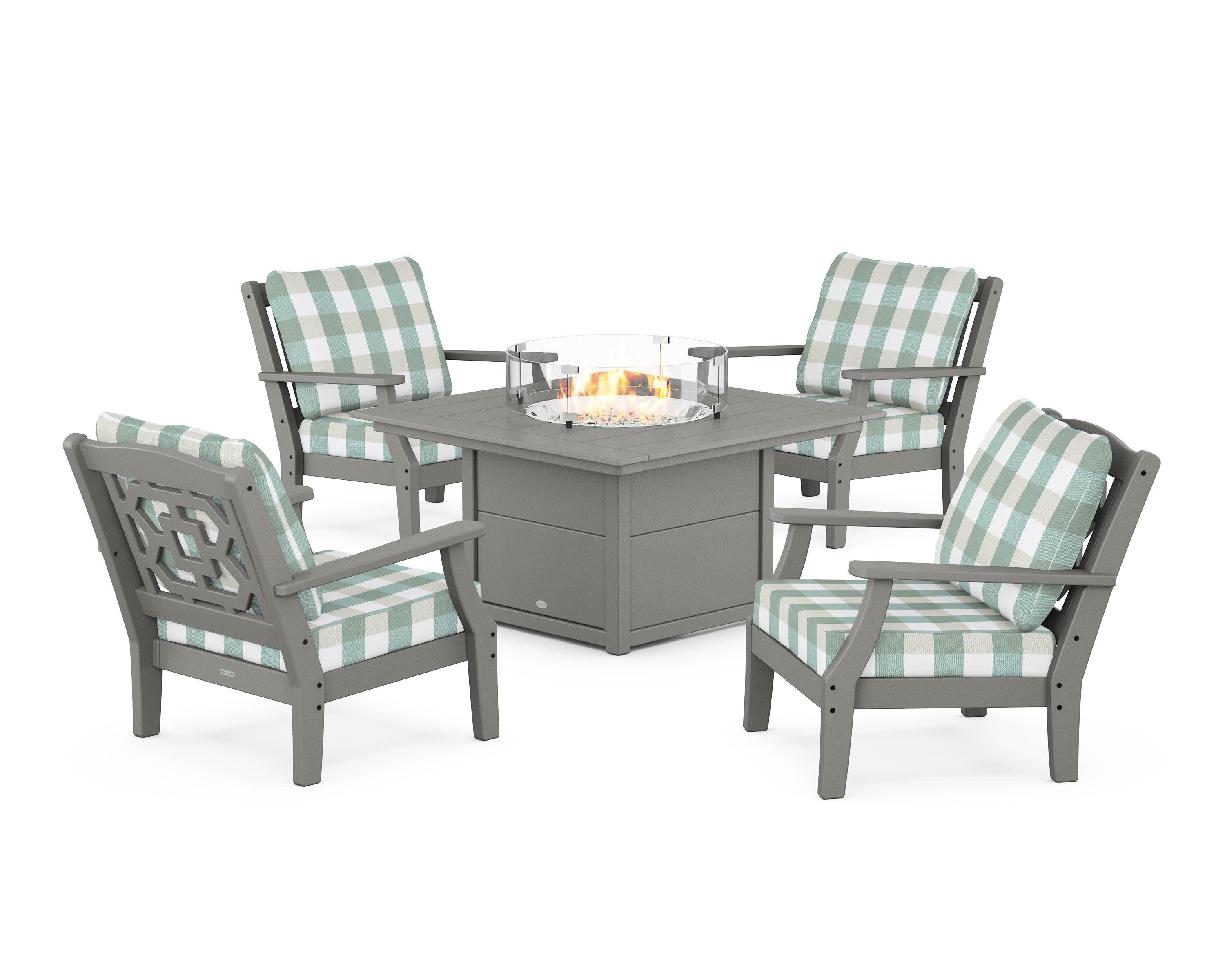 Chinoiserie 5-Piece Deep Seating Set with Fire Pit Table in Slate Grey / Buffalo Plaid Glacier Spa