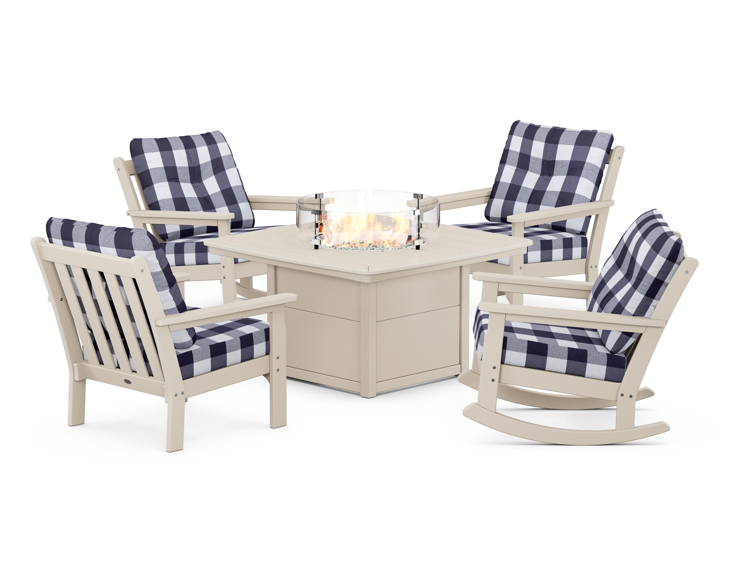 Vineyard 5-Piece Deep Seating Rocking Chair Conversation Set with Fire Pit Table in Sand / Buffalo Plaid Navy