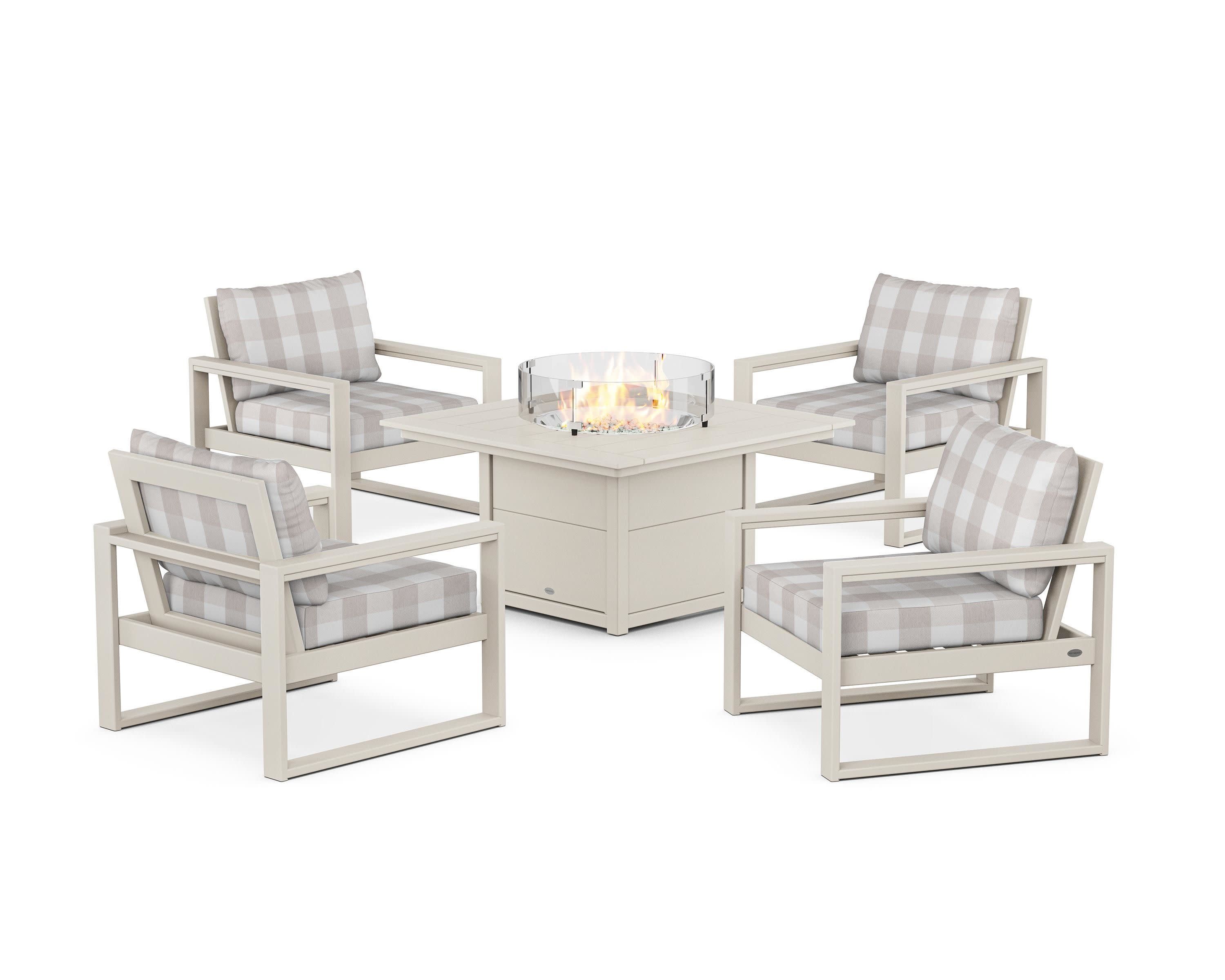 EDGE Sectional 5-Piece Deep Seating Set with Fire Pit Table in Sand / Buffalo Plaid Dune Burlap