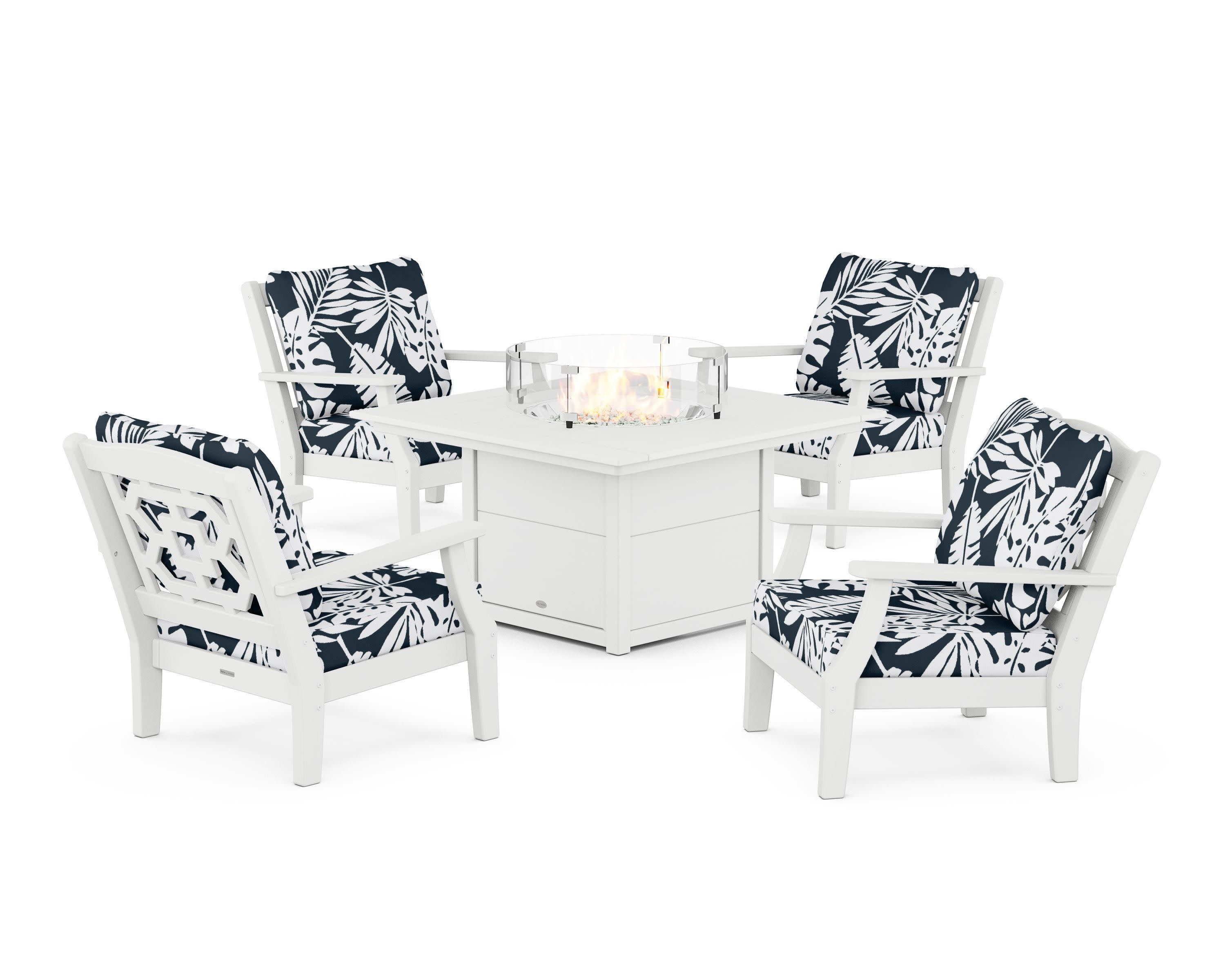Chinoiserie 5-Piece Deep Seating Set with Fire Pit Table in White / Leaf Marine Indigo