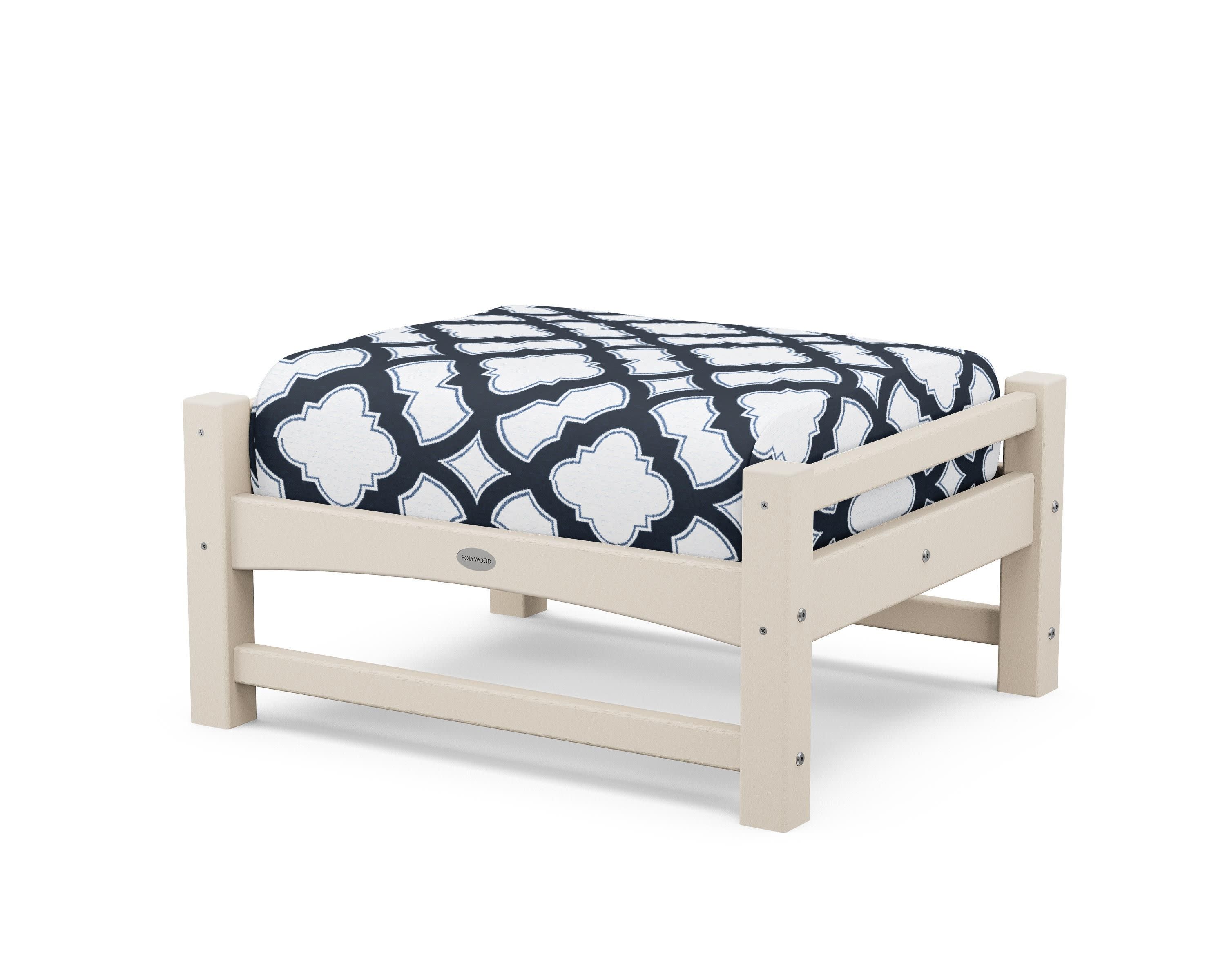 Club Ottoman in Sand / Trellis Marine Indigo