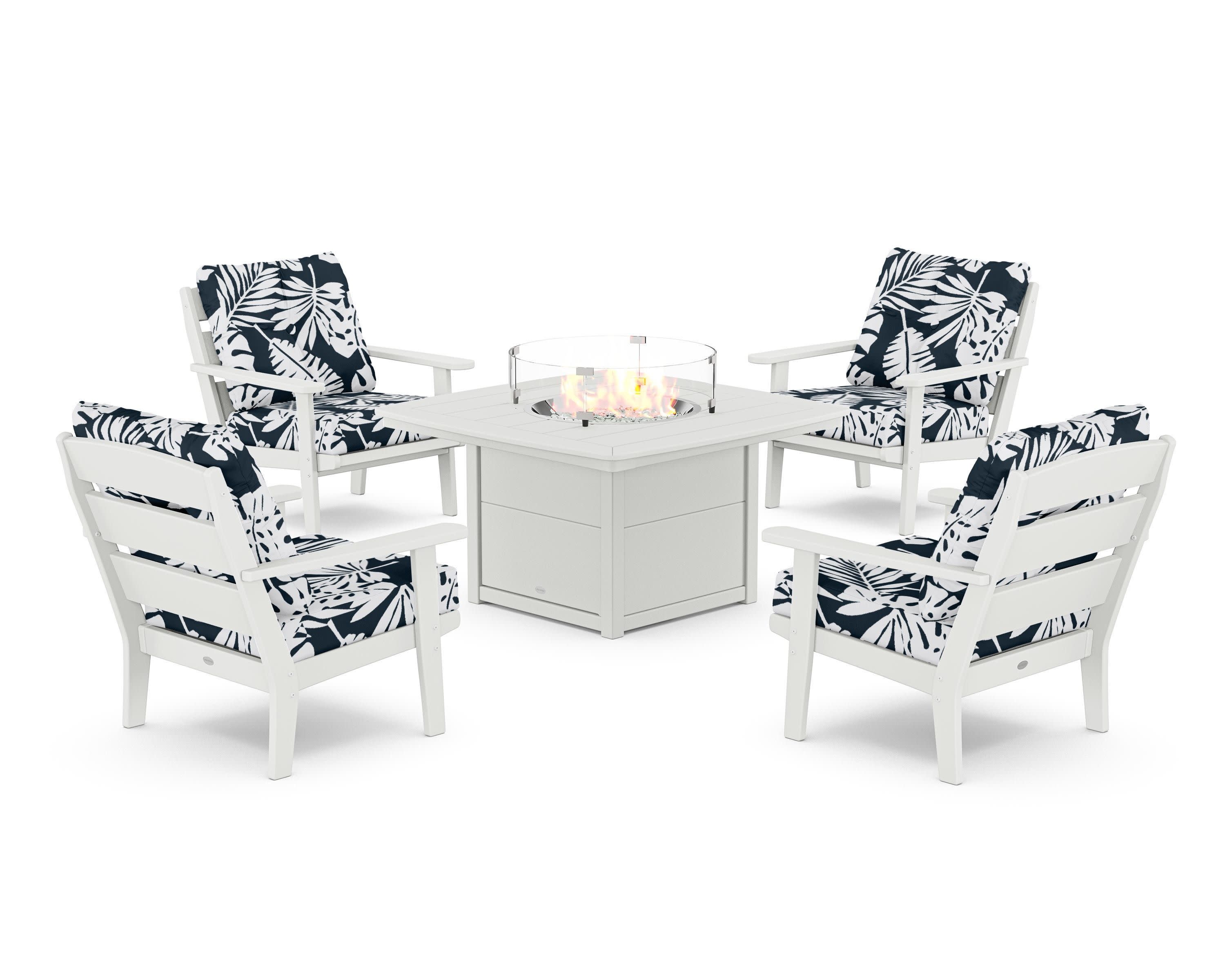 Lakeside 5-Piece Deep Seating Set with Nautical Fire Pit Table in White / Leaf Marine Indigo